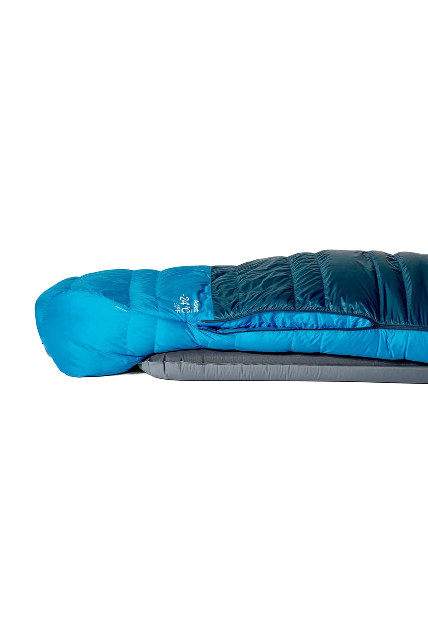 Rab Ascent Down Sleeping Bag (-18°C/0F) in Tempest Blue/Maya Blue - Packed Side