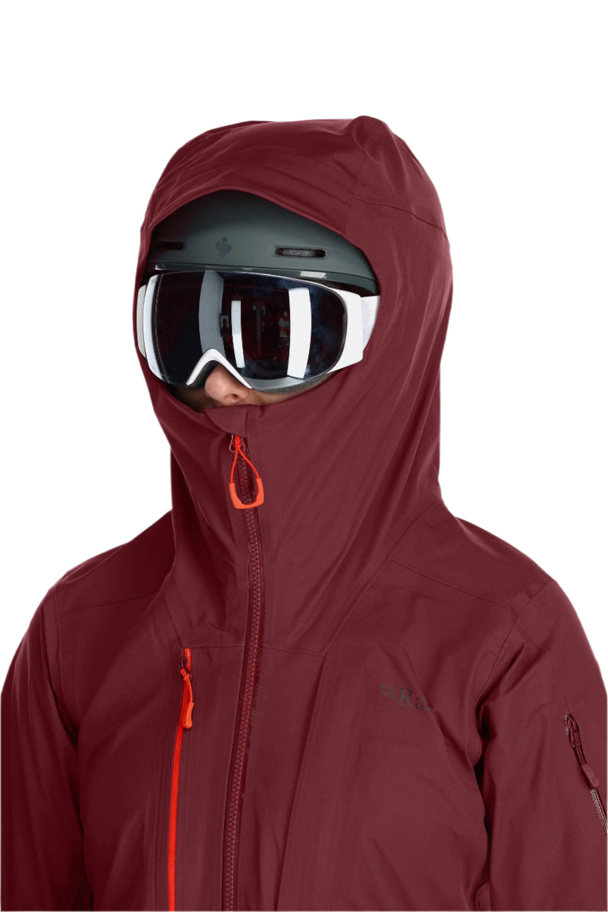 Rab Women's Khroma Kinetic Waterproof Ski Jacket in Deep Heather - hood detail, worn