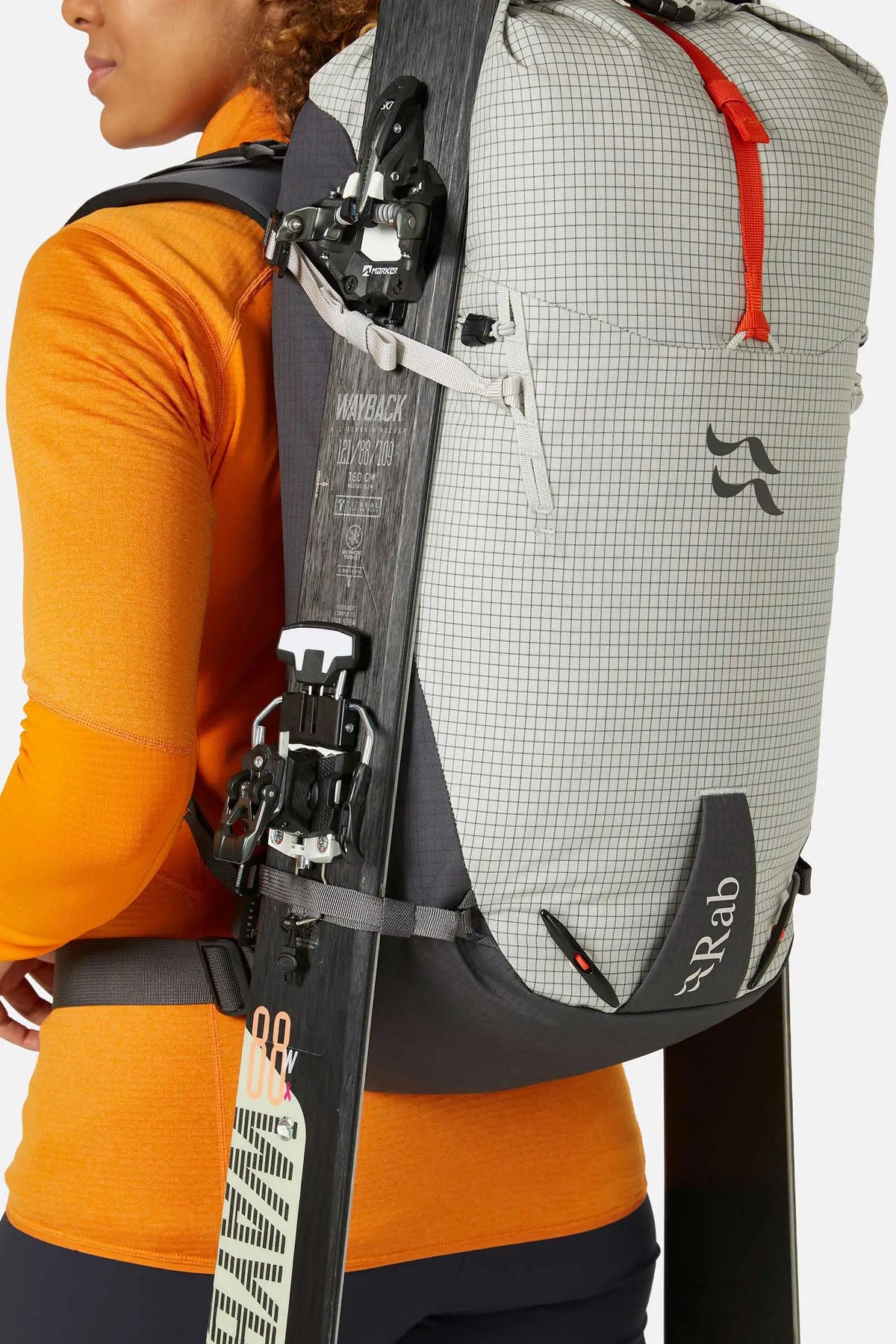 Rab Latok 28L Mountain Pack in Pewter - Model Side View Gear Attachment Detail