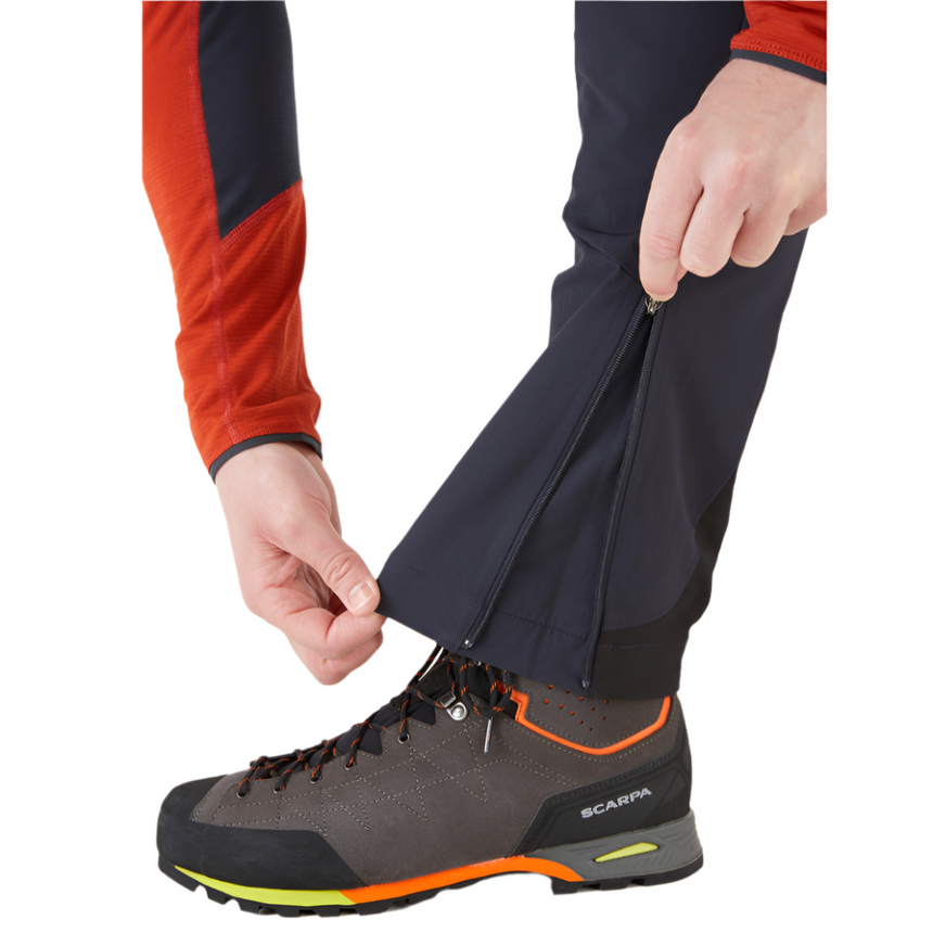 Rab Men's Ascendor AS Climbing Softshell Pants in Ebony - ankle gusset detail
