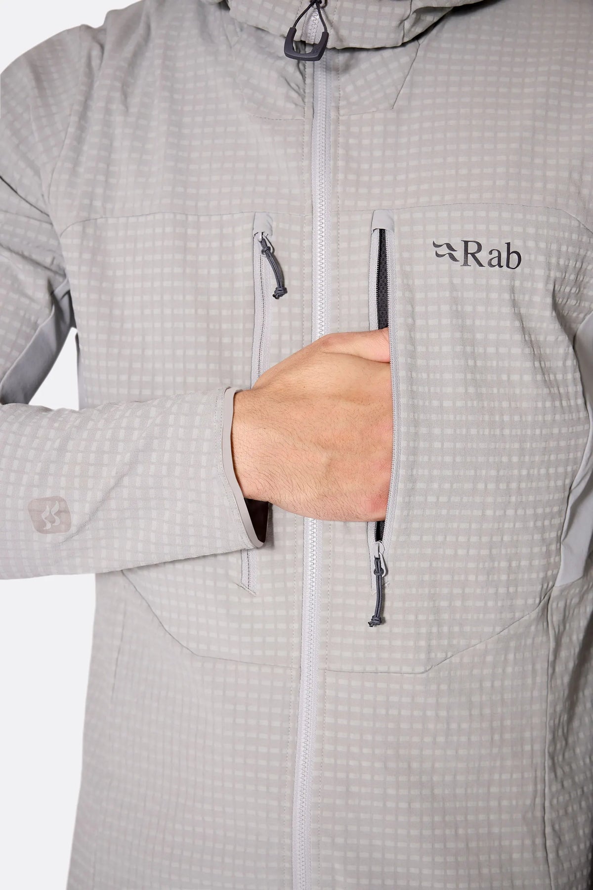 Rab Men's Ascendor Pro Hoody in Black - chest pocket detail, worn