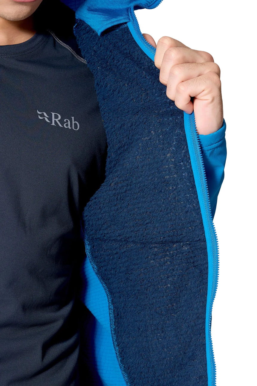 Rab Men's Ascendor Summit Hoody in Black - chest zip detail, worn