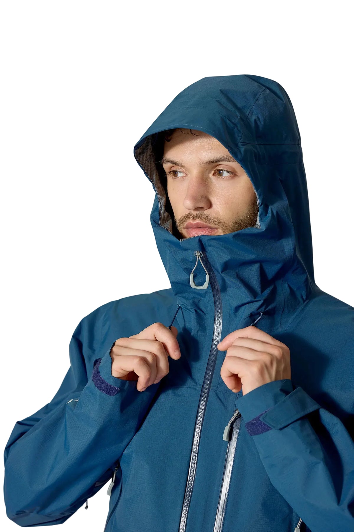 Rab Men's Downpour Mountain Waterproof Jacket in Tempest Blue - hood up, worn, adjusting