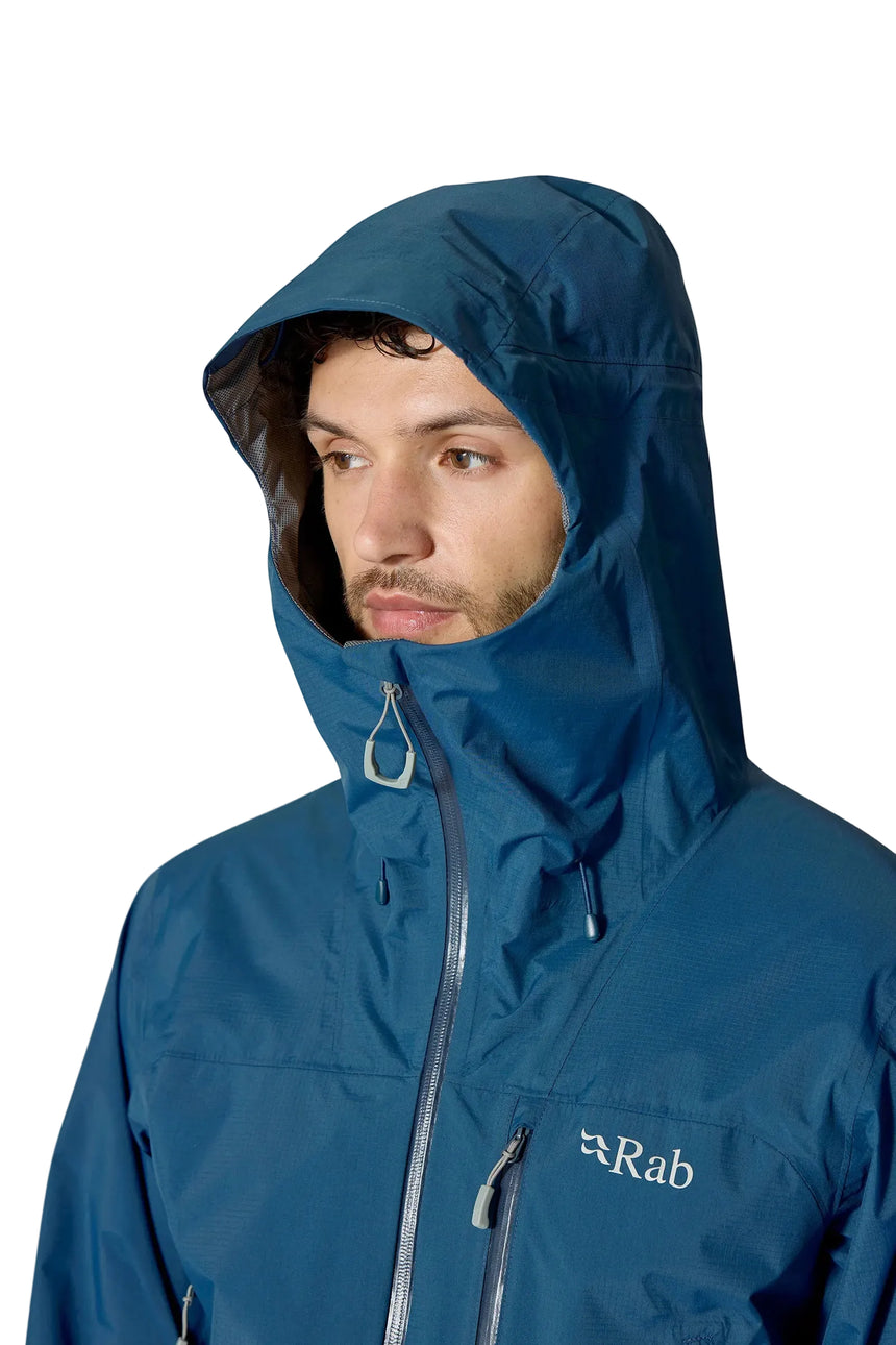 Rab Men's Downpour Mountain Waterproof Jacket in Tempest Blue - hood up, worn, front