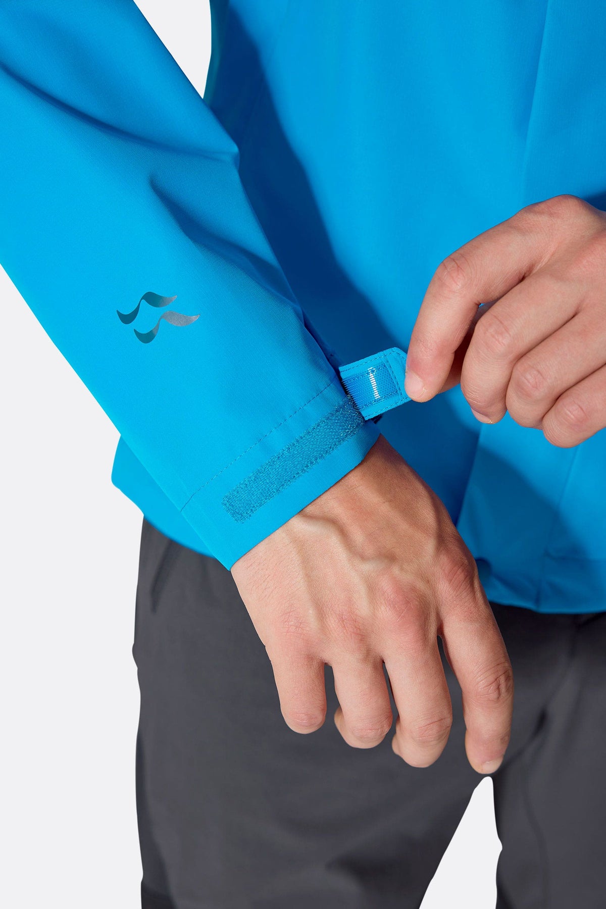 Rab Men's Downpour Waterproof Jacket in Maya Blue - cuff detail, worn