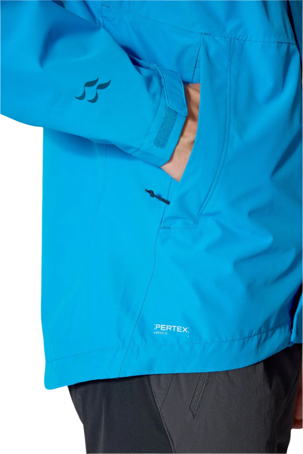 Rab Men's Downpour Waterproof Jacket in Maya Blue - hand pocket detail, worn