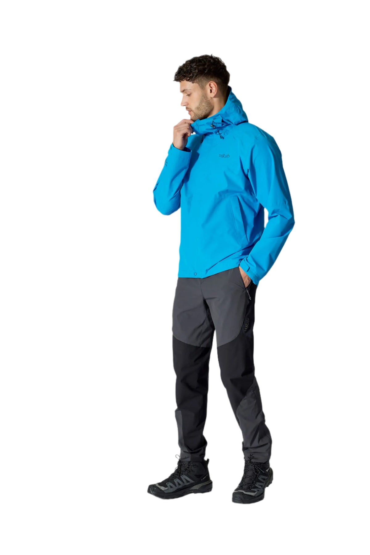 Rab Men's Downpour Waterproof Jacket in Maya Blue - worn, three-quarter