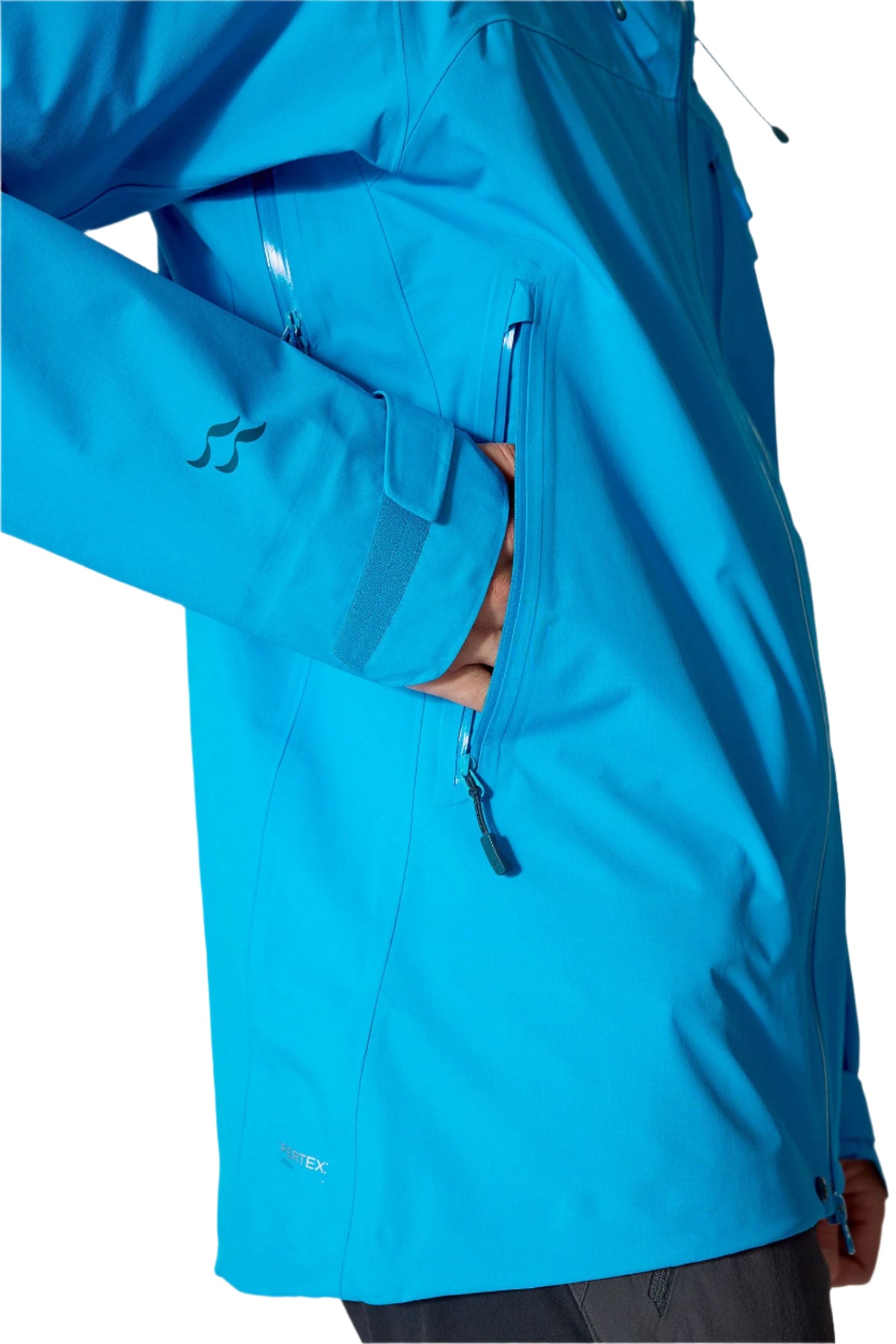 Rab Men's Firewall Mountain Waterproof Jacket in Maya Blue - hip pocket detail, worn