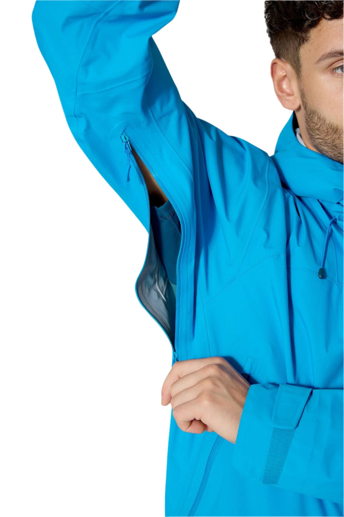 Rab Men's Firewall Mountain Waterproof Jacket in Maya Blue - pit zip detail, worn