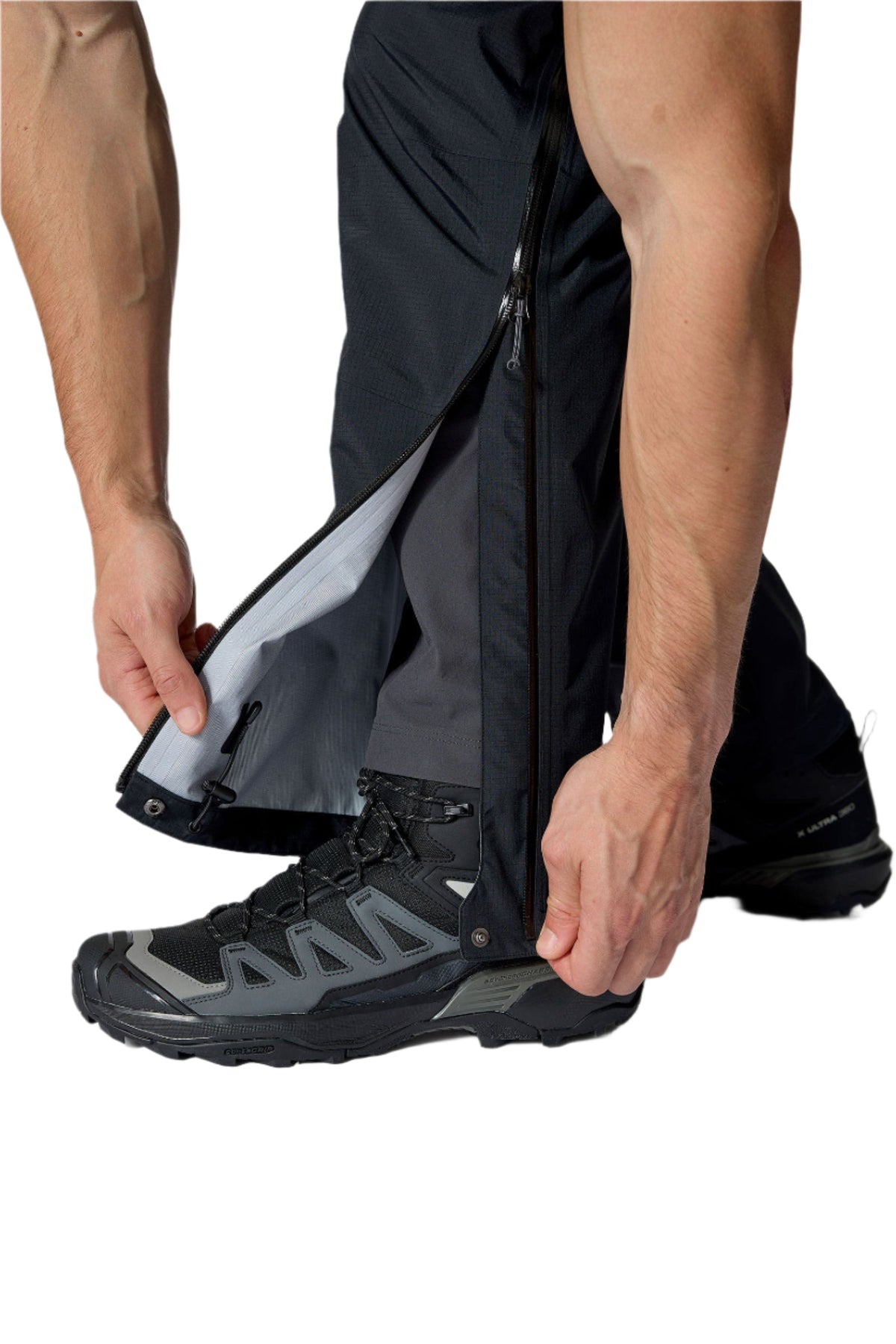 Rab Men's Firewall Mountain Waterproof Pants in Black - pocket detail, worn