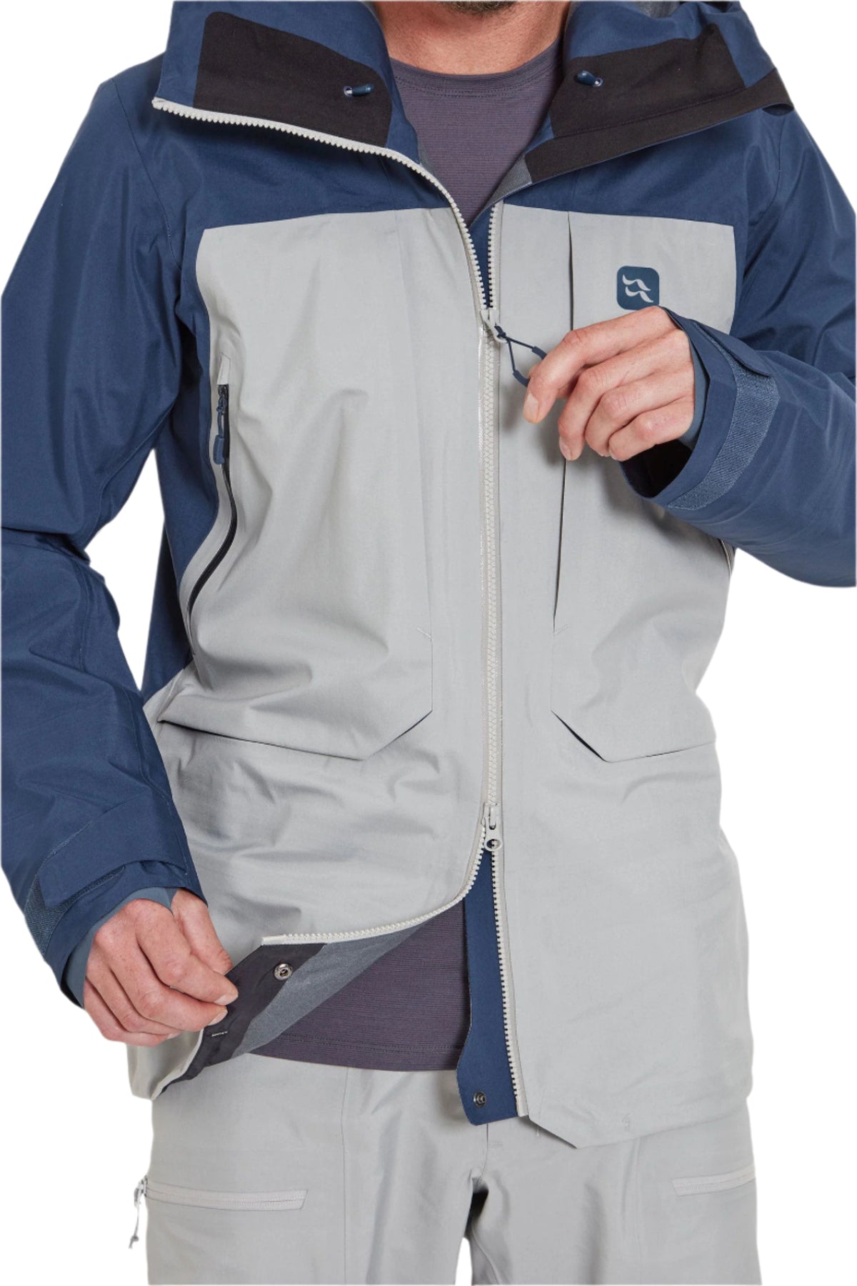 Rab Men's Khroma Converge GORE-TEX Ski Jacket in Tempest Blue/Light Zinc - front detail, worn (reference only, not a stocked colour)
