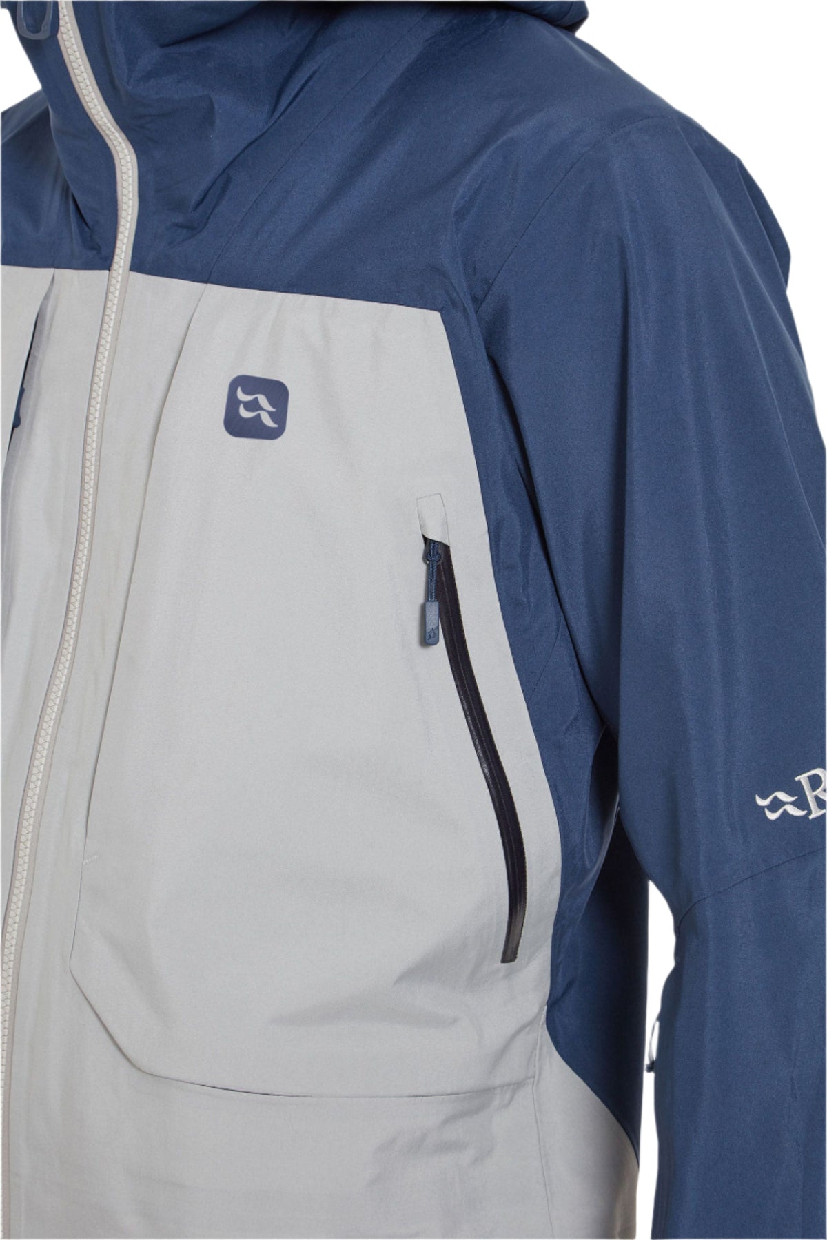 Rab Men's Khroma Converge GORE-TEX Ski Jacket in Tempest Blue/Light Zinc - side pocket detail, worn (reference only, not a stocked colour)