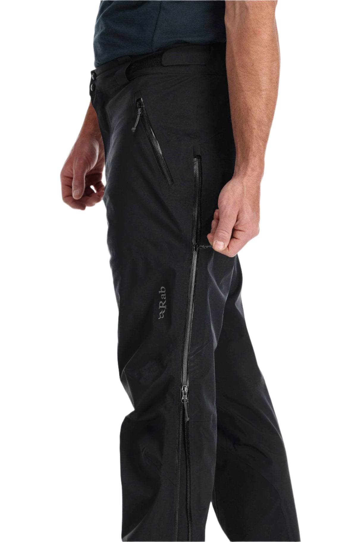 Rab Men's Latok GORE-TEX Pro Pants in Black - side zip detail, worn