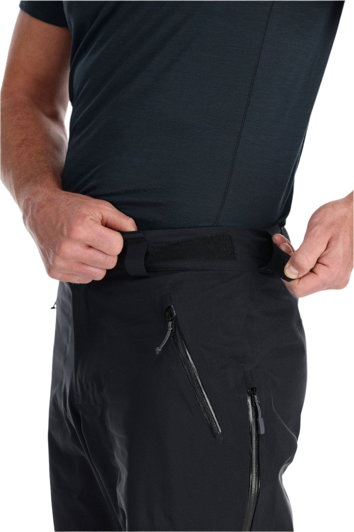 Rab Men's Latok GORE-TEX Pro Pants in Black - waist adjustment detail, worn