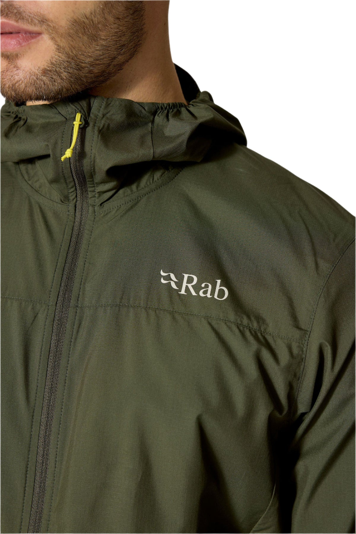 Rab Men's Windgather Hooded Jacket in Green - chest detail worn