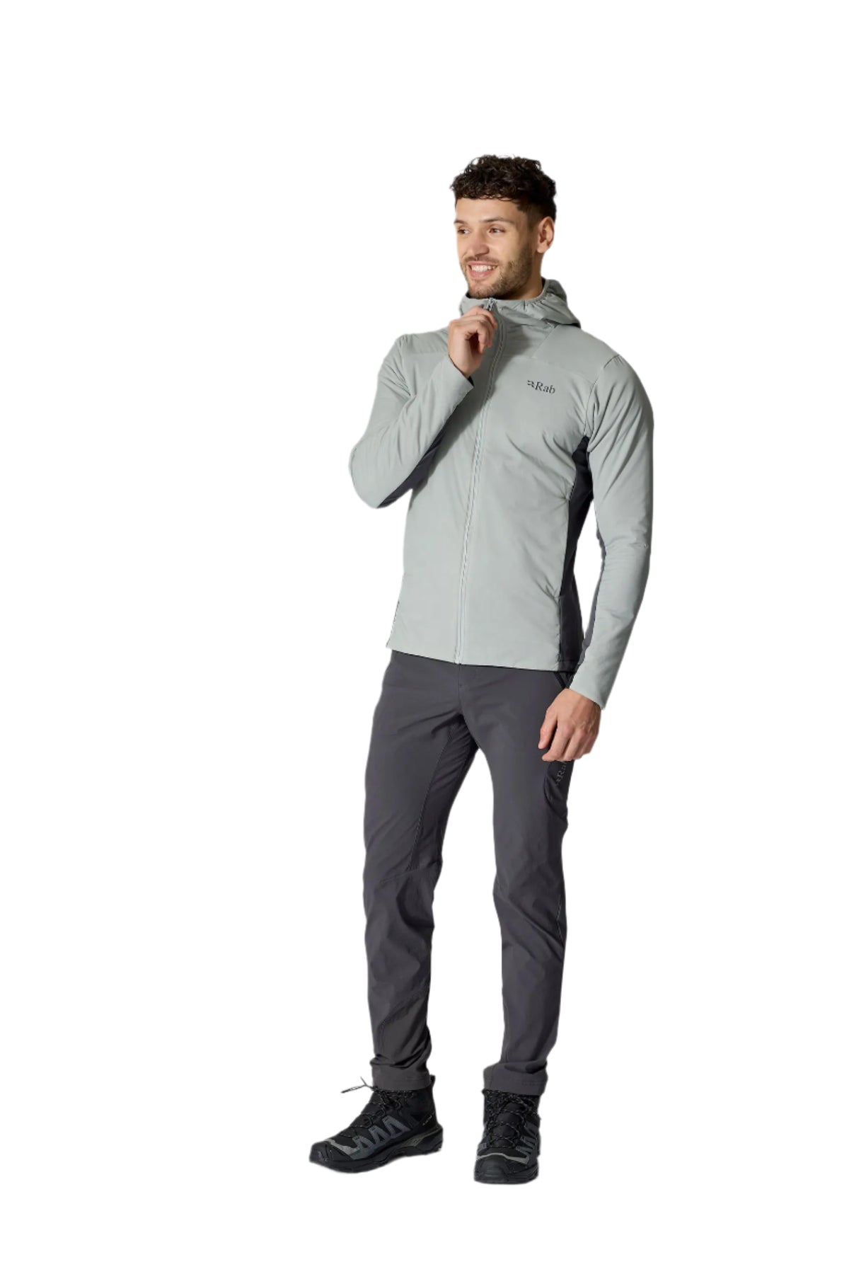 Rab Men's Xenair Alpine Flex Insulated Jacket in Light Zinc - front, worn
