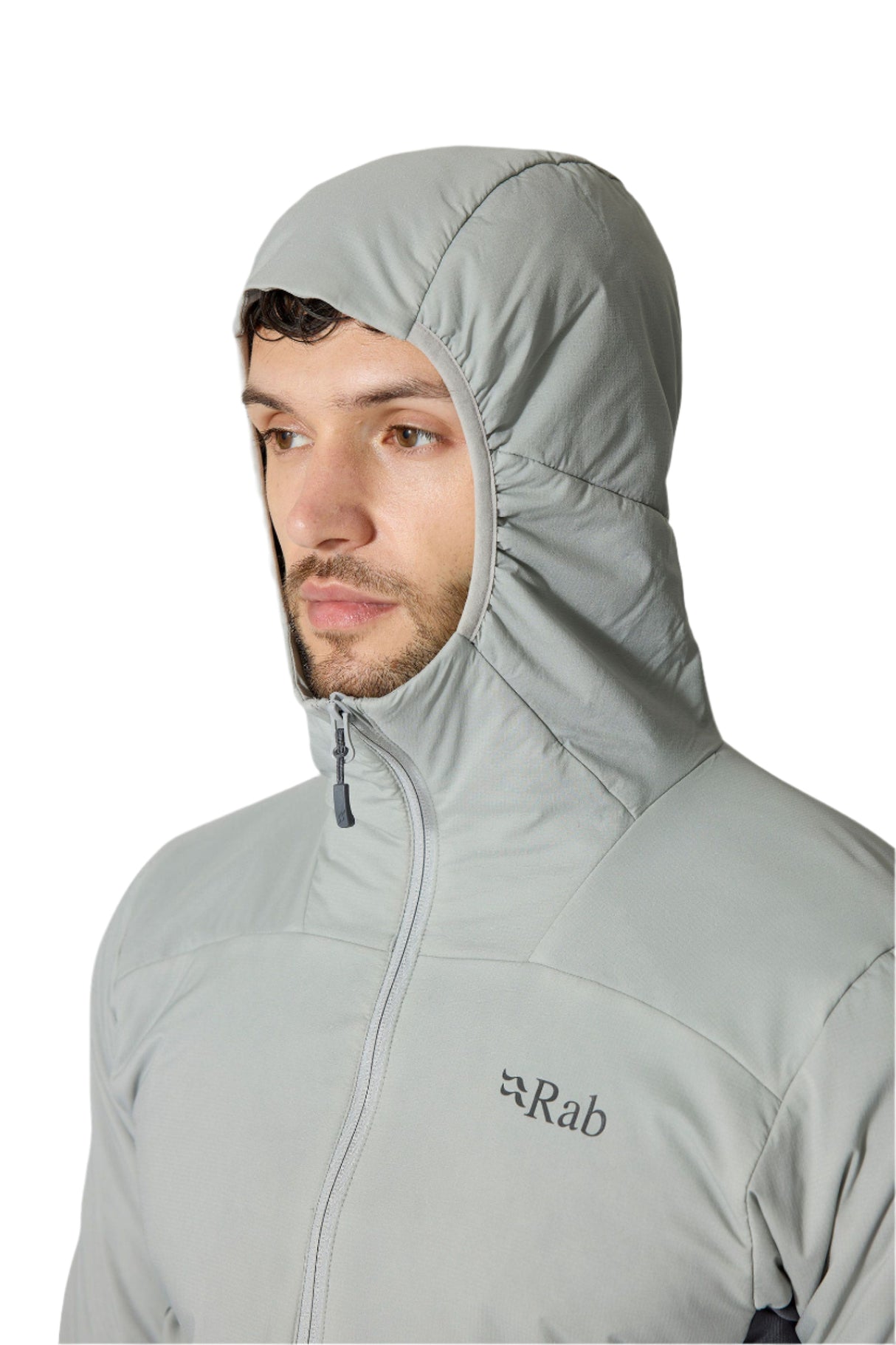 Rab Men's Xenair Alpine Flex Insulated Jacket in Light Zinc - hood, worn