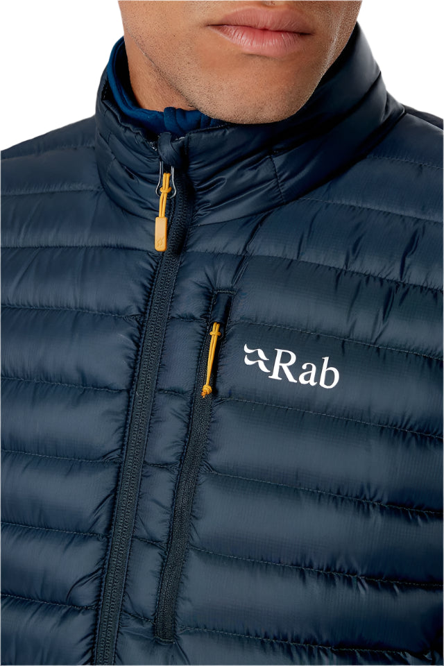 Rab Men's Microlight Down Vest in Navy (styling reference) - chest pocket detail