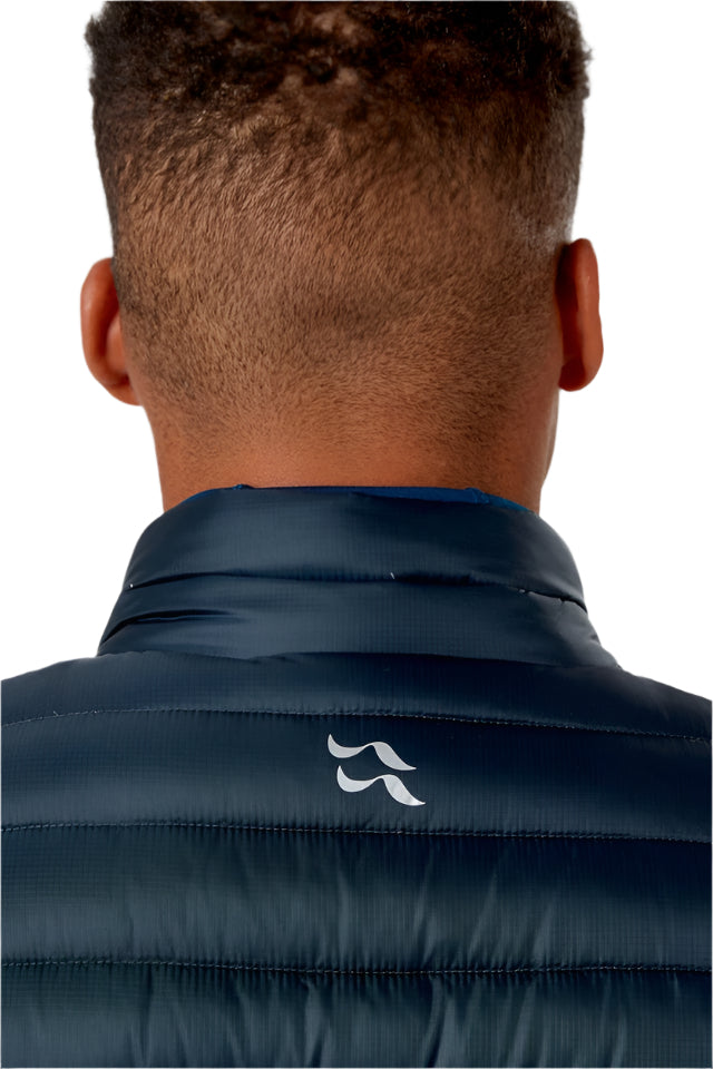 Rab Men's Microlight Down Vest in Navy (styling reference) - collar detail