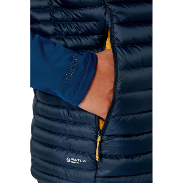 Rab Men's Microlight Down Vest in Navy (styling reference) - hand pocket detail