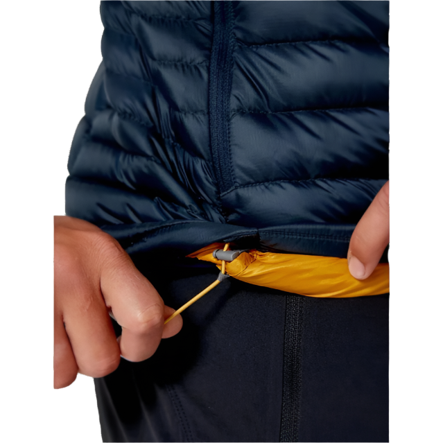 Rab Men's Microlight Down Vest in Navy (styling reference) - hem drawcord detail