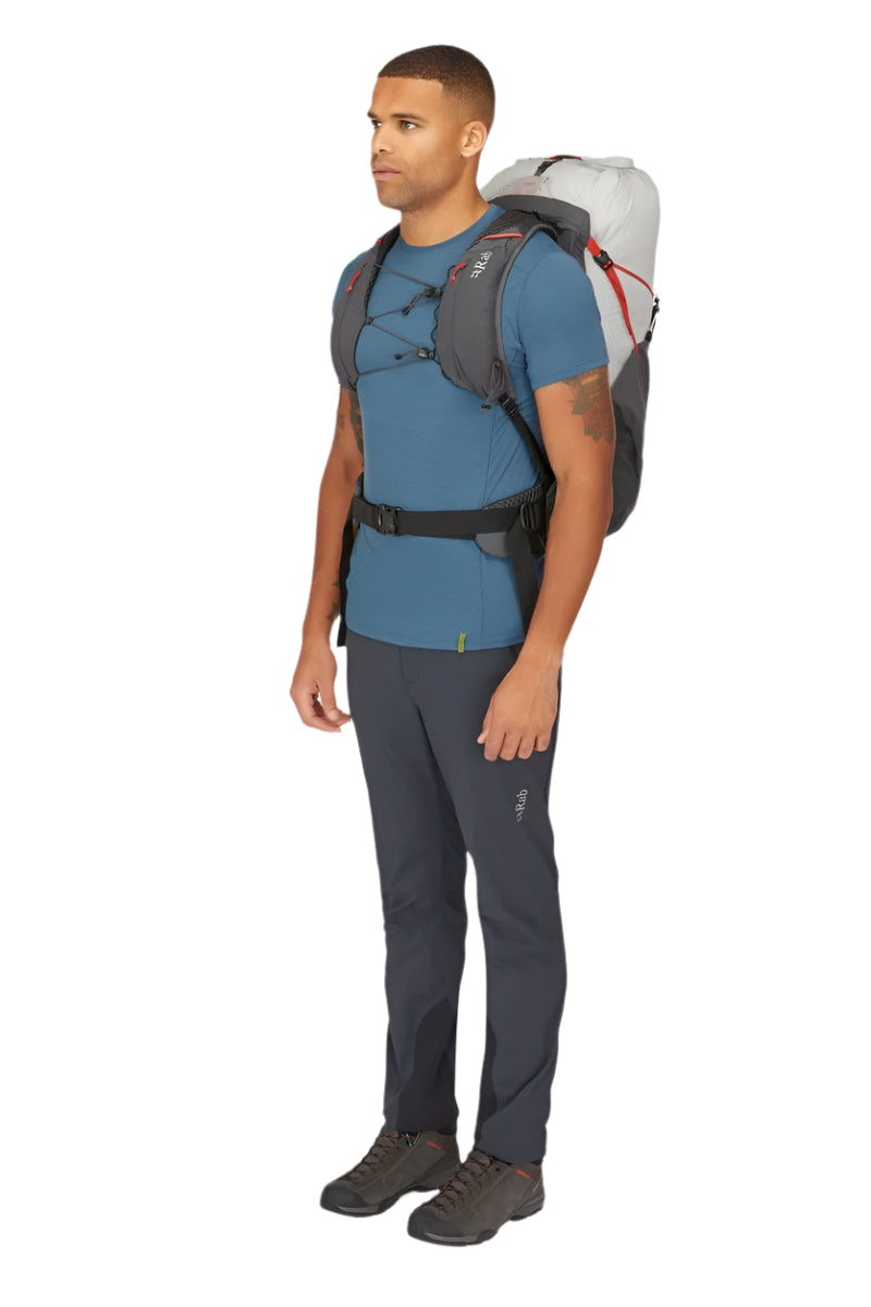 Rab Muon 40L Hiking Pack in Pewter/Graphene - On Model Full Length Side