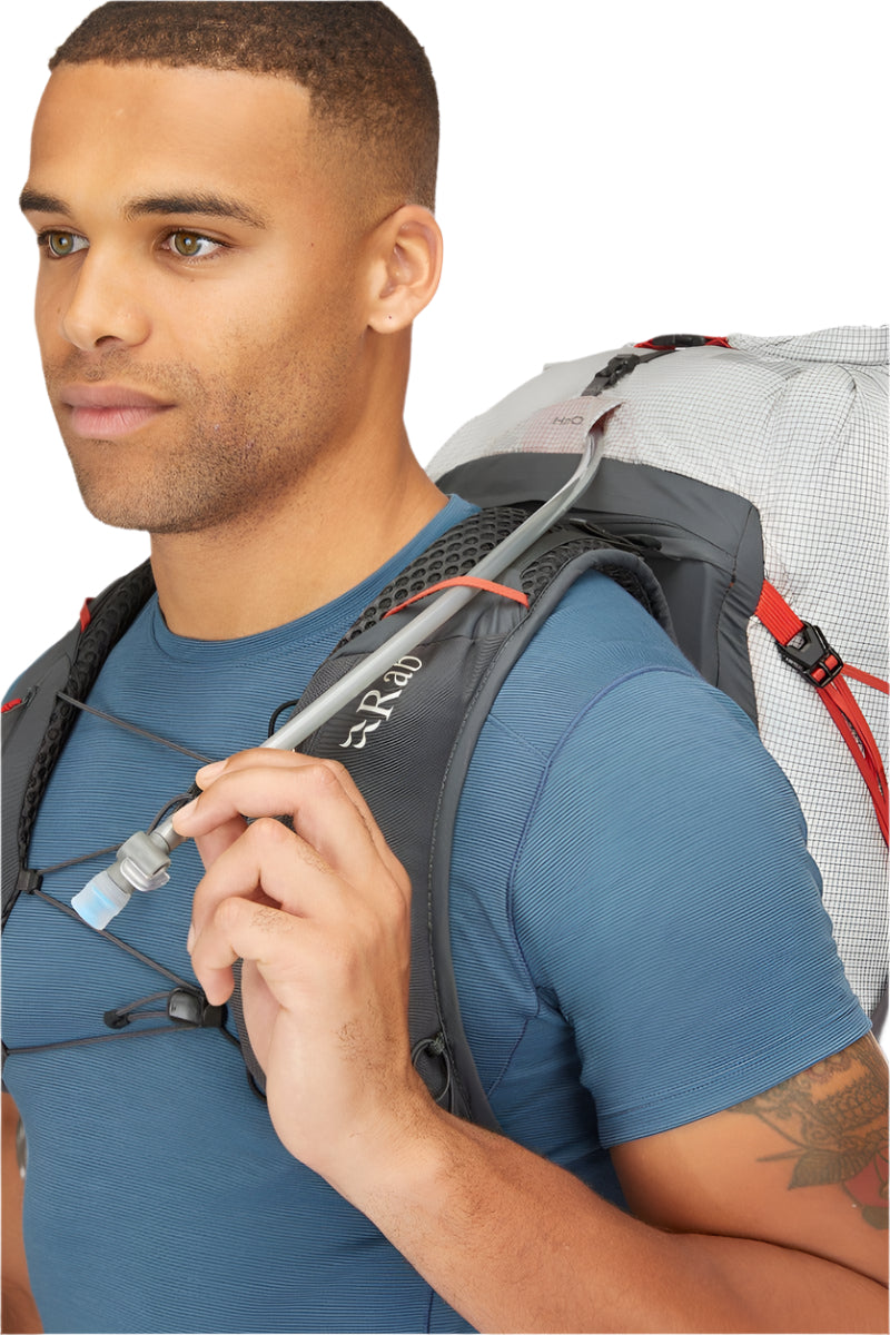 Rab Muon 40L Hiking Pack in Pewter/Graphene - Roll Top Open