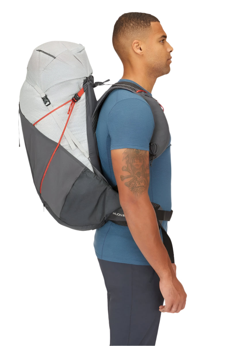Rab Muon 50L Hiking Pack in Pewter/Graphene - On Model Front View
