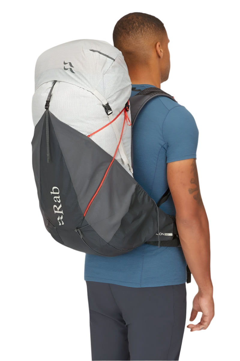 Rab Muon 50L Hiking Pack in Pewter/Graphene - On Model Side View