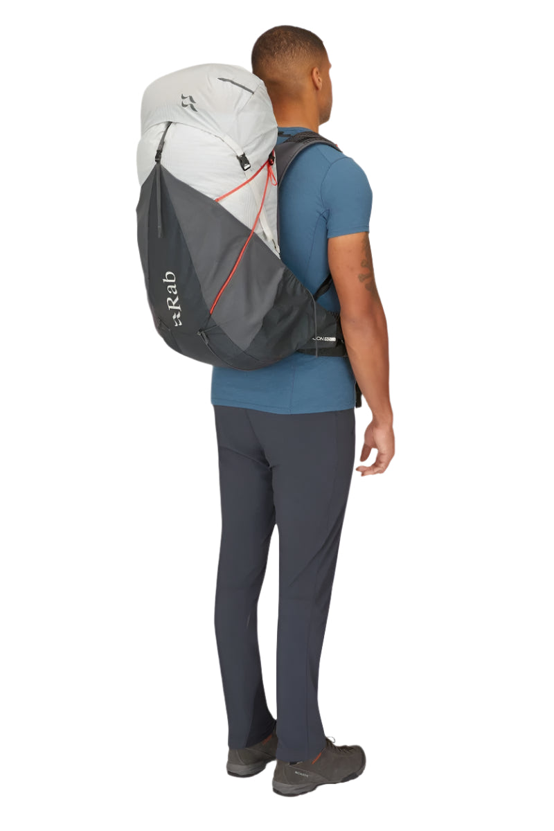 Rab Muon 50L Hiking Pack in Pewter/Graphene - On Model Three Quarter View