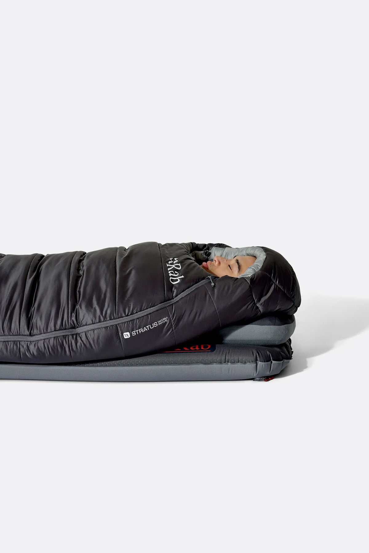 Rab Radeon Synthetic Sleeping Bag (-12°C/10F) in Sage/Graphene - worn, side sleeping close-up