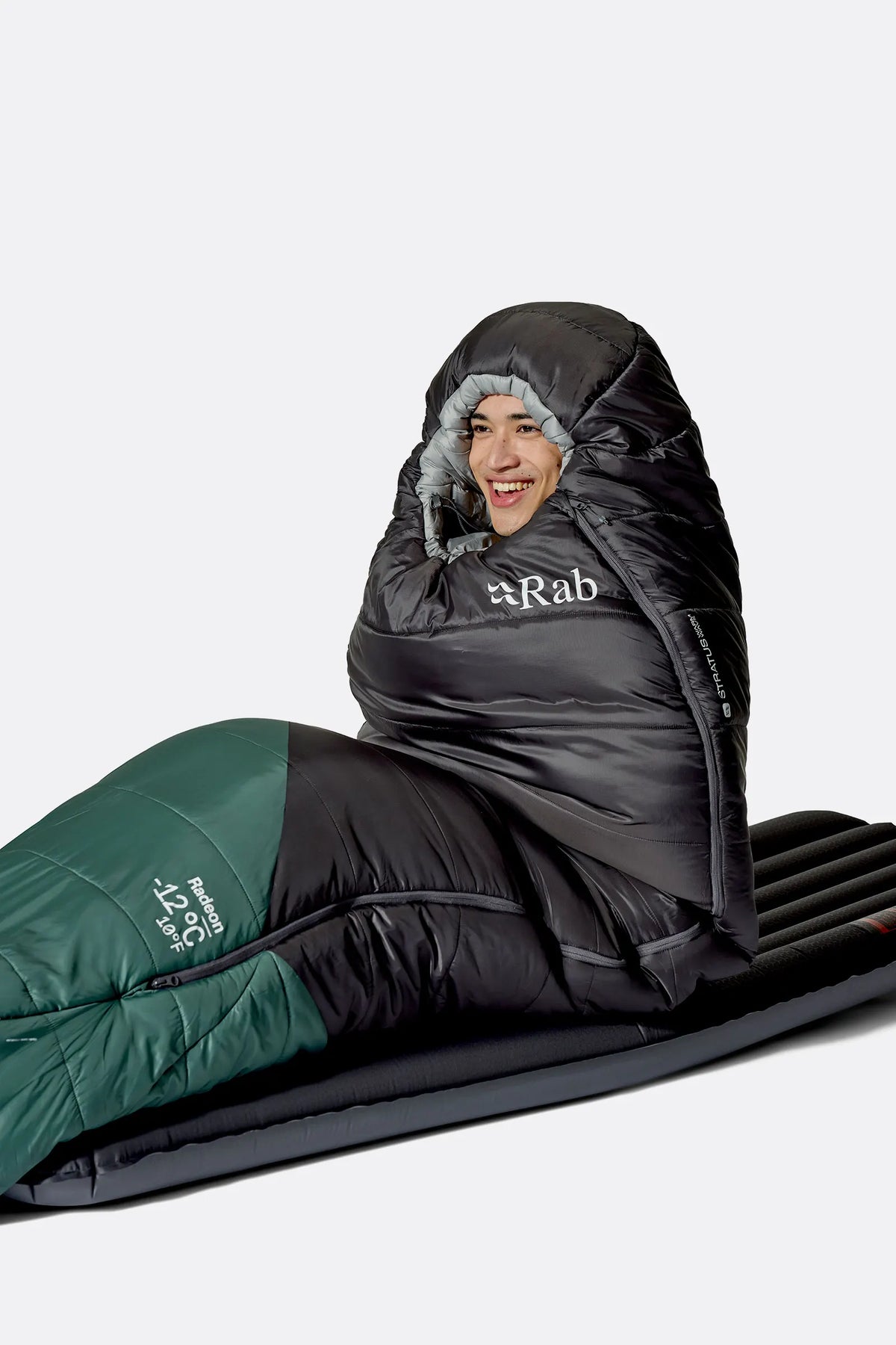 Rab Radeon Synthetic Sleeping Bag (-6°C/20F) in Sage/Graphene - worn, sitting up