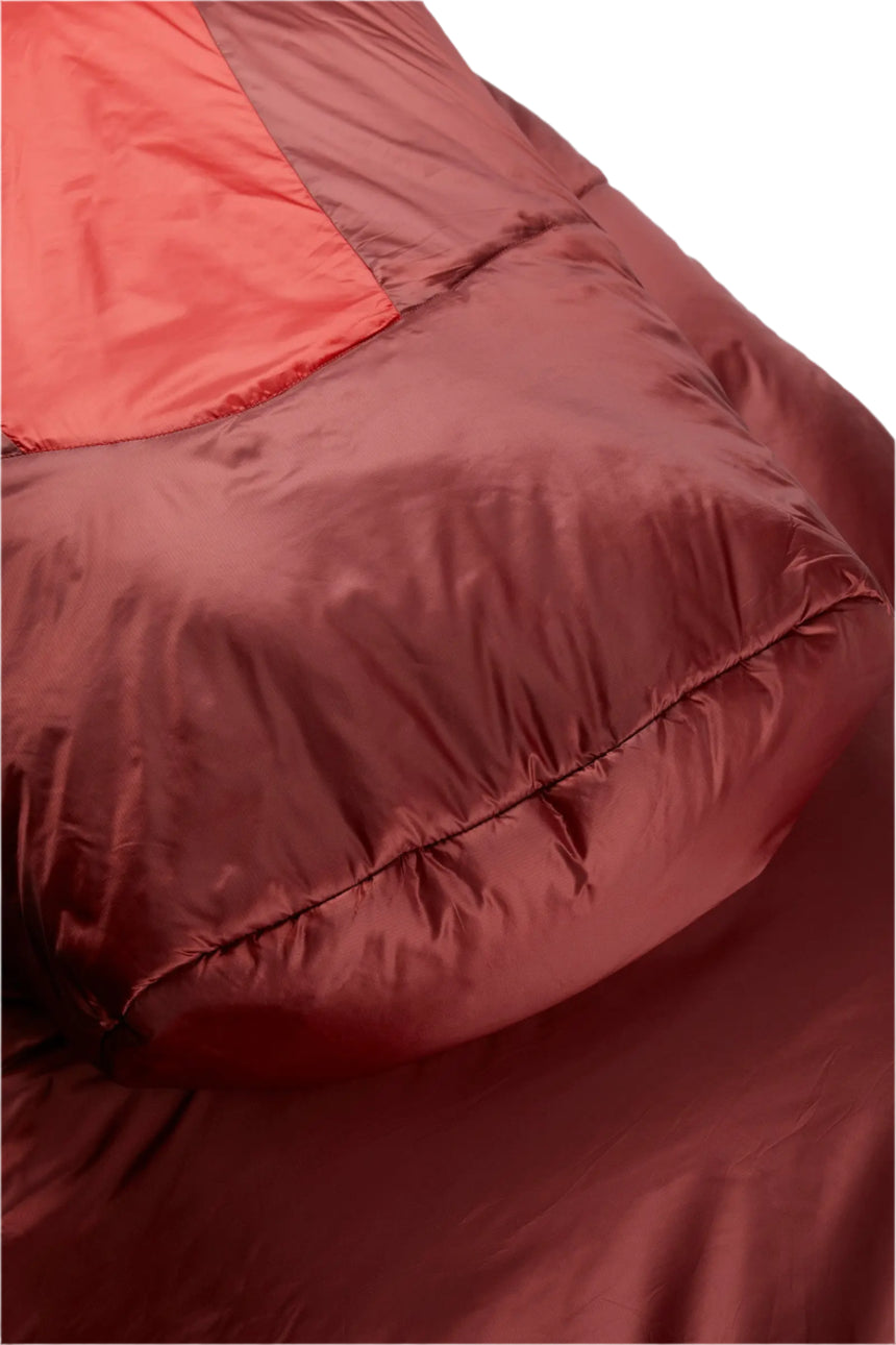 Rab Solar Eco 3 Sleeping Bag in Oxblood Red - shoulder panel detail, close-up
