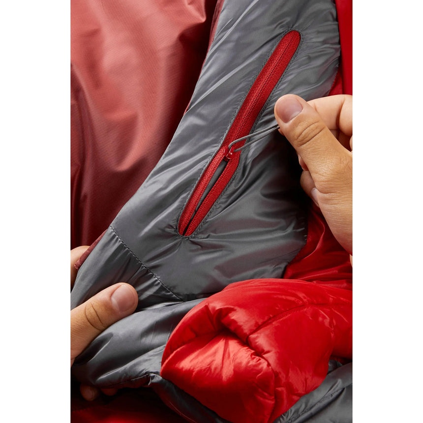 Rab Solar Eco 3 Sleeping Bag in Oxblood Red - hood detail