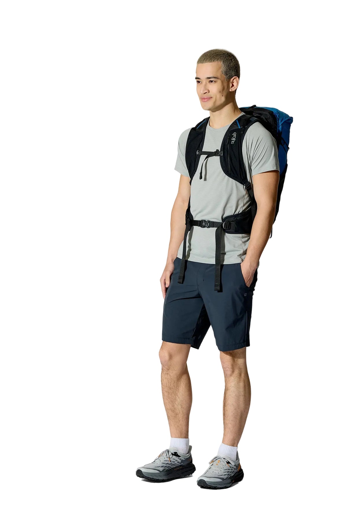 Rab Syclon XP 30L Waterproof Pack in Black/Maya Blue - Three Quarter View On Model 2