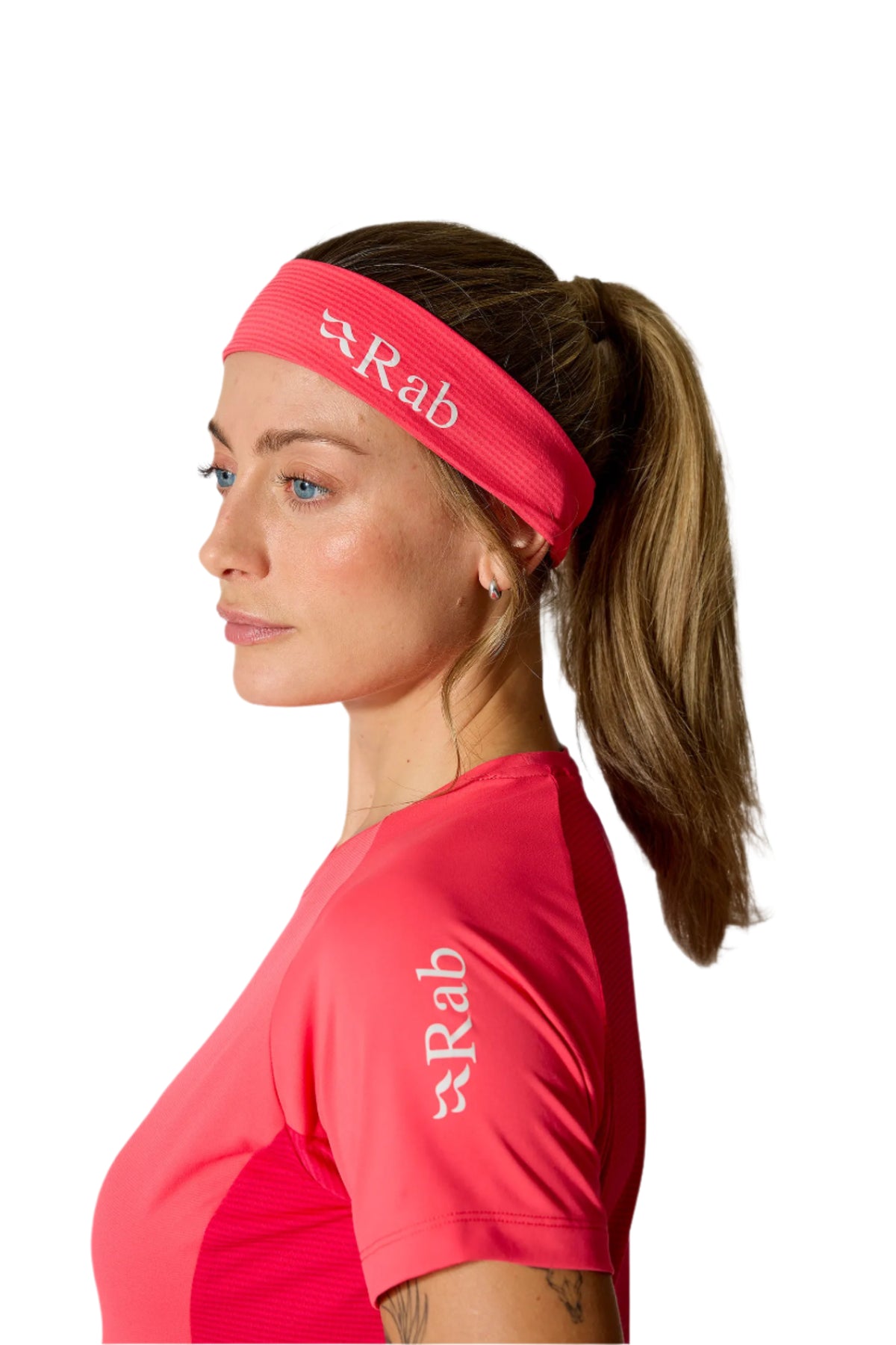 Rab Talus Headband in Hibiscus - worn, side crop