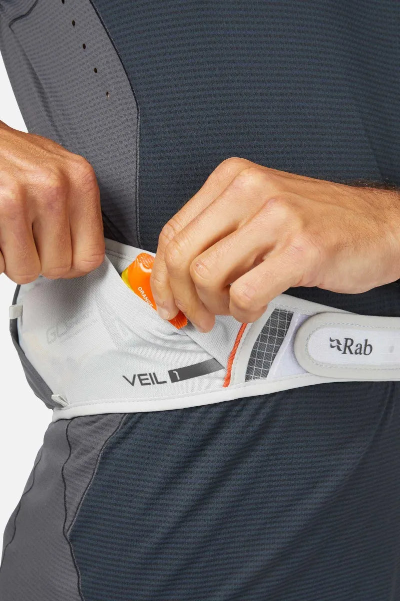Rab Veil 1L Lightweight Belt Pack in Gargoyle/Graphene - Side Mesh Pocket Access