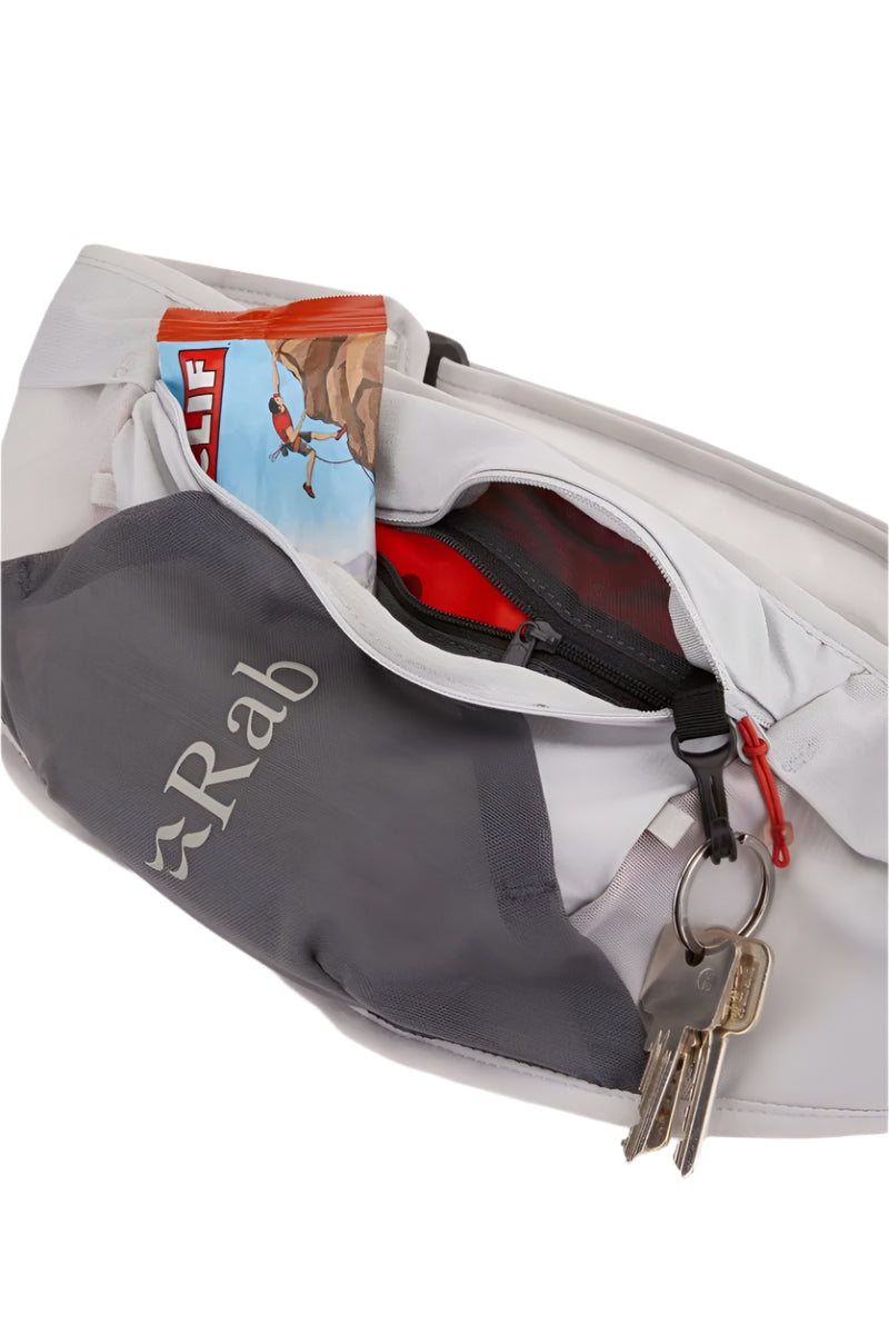 Rab Veil 1L Lightweight Belt Pack in Gargoyle/Graphene - Open Showing Internal Contents