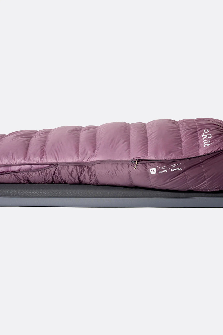 Rab Women's Alpine Down Sleeping Bag (-18°C/0F) in Iris/Dark Iris - worn