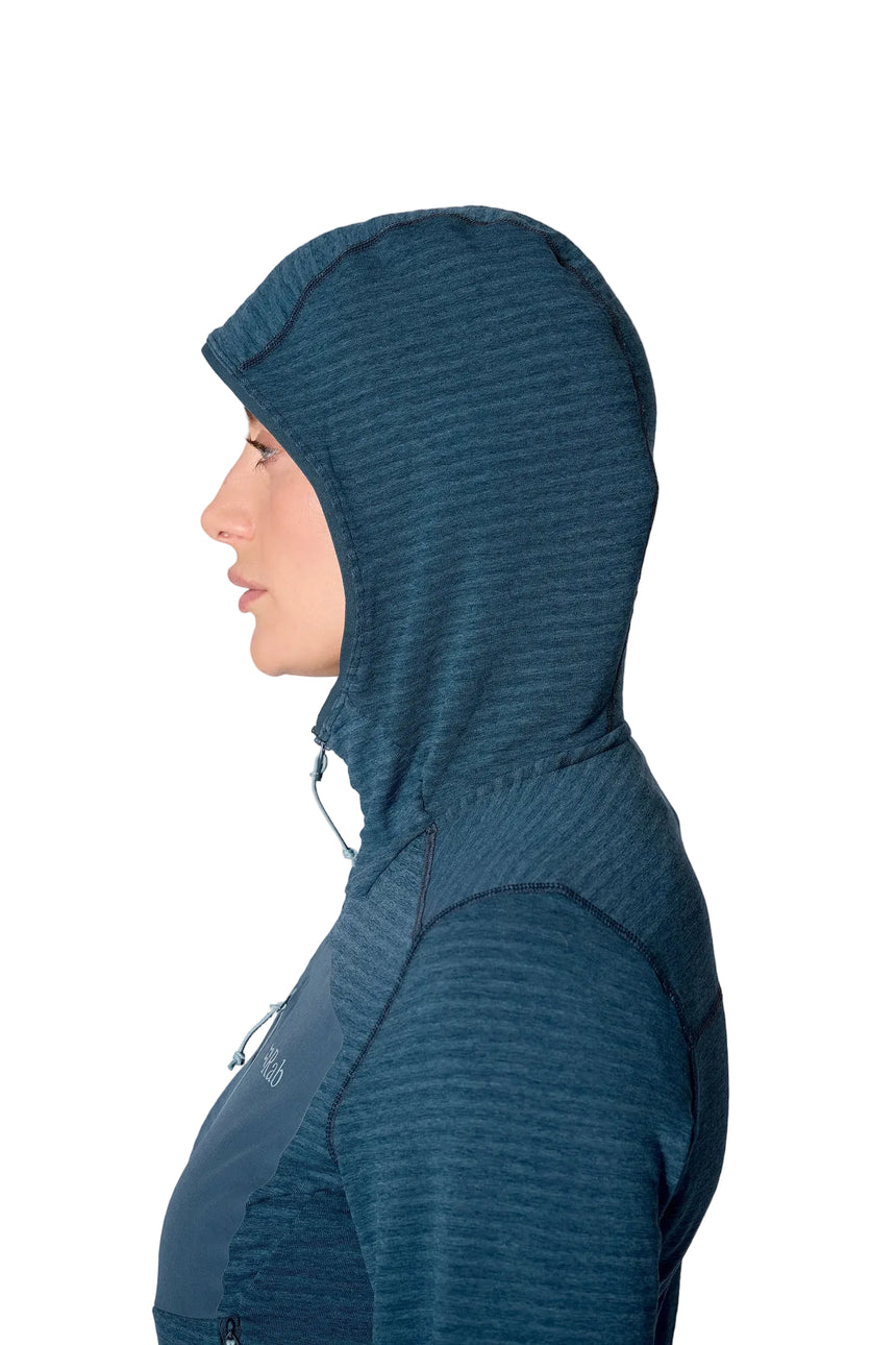 Rab Women's Ascendor Light Hoody in Tempest Blue - hood detail, side, worn
