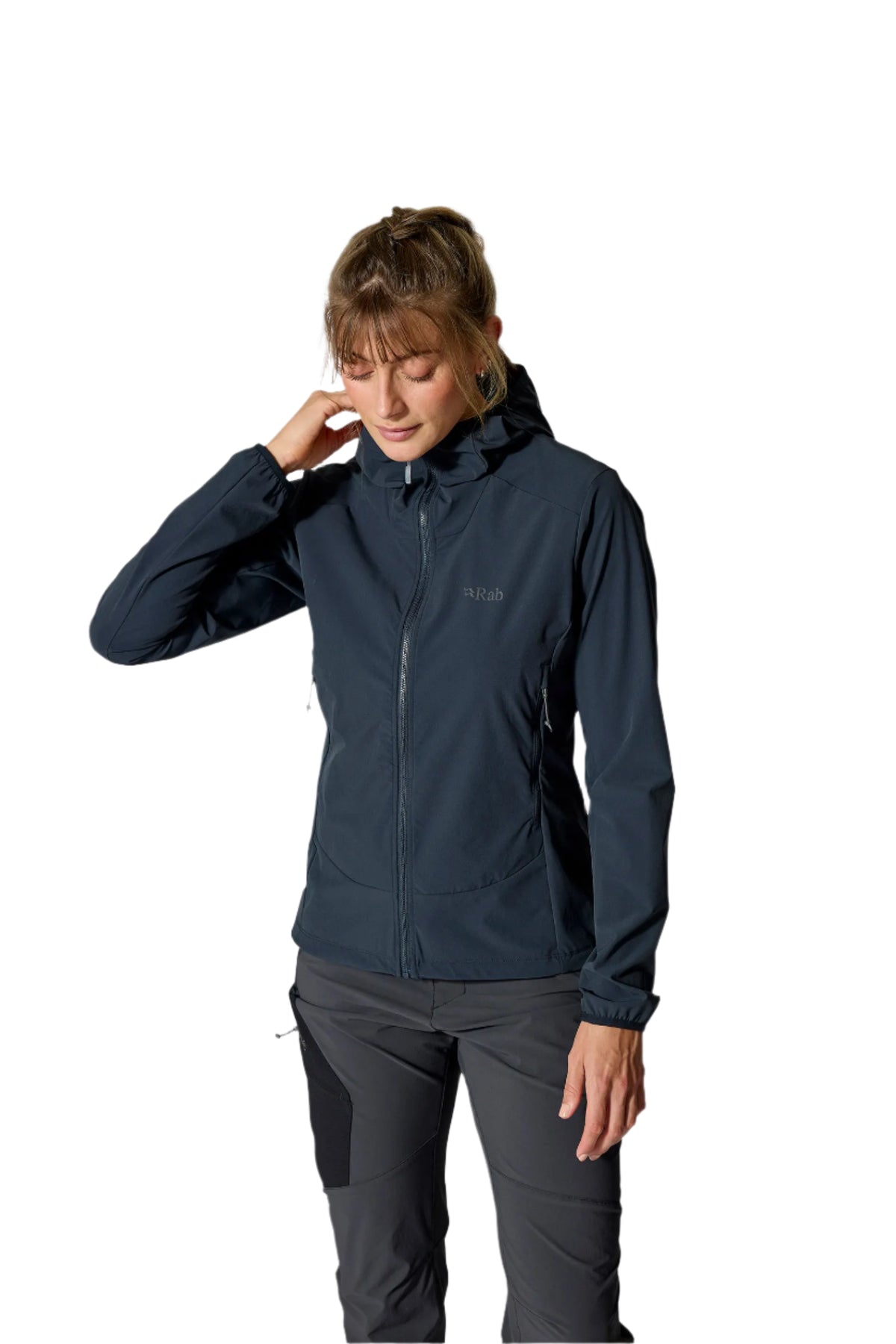 Rab Women's Borealis Hooded Jacket in Beluga - hood, worn