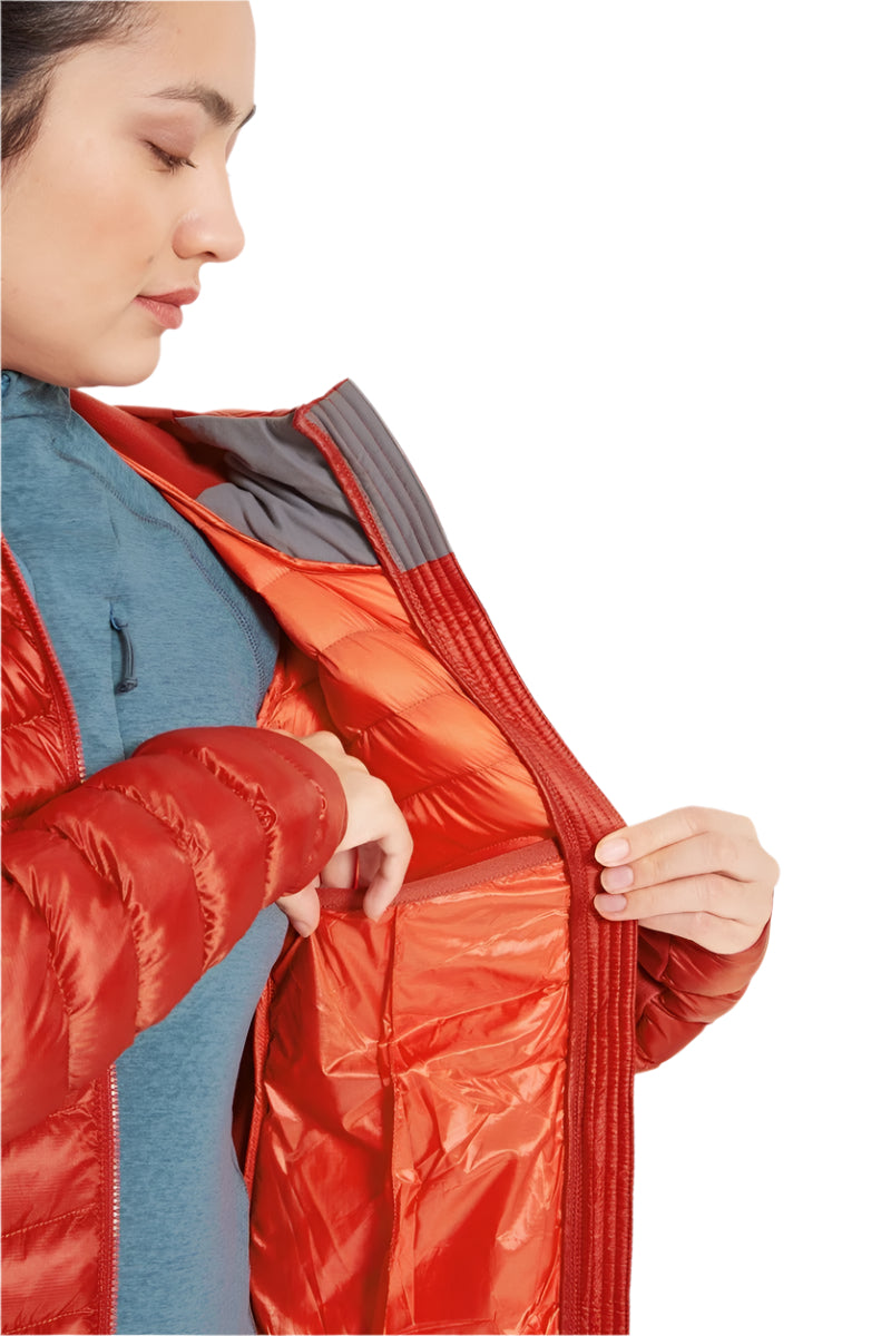 Rab Women's Cirrus Flex Insulated Hooded Jacket in Tuscan Red - chest pocket detail