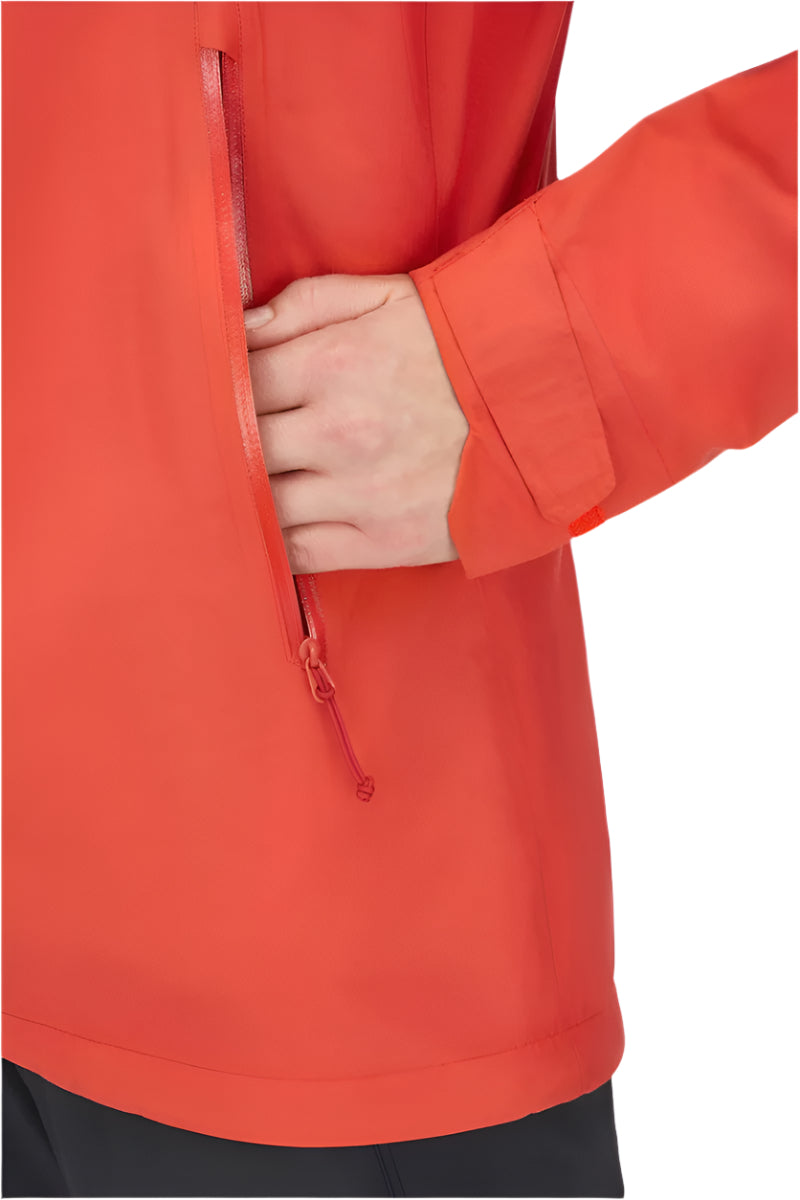 Rab Women's Downpour Light Waterproof Jacket in Red Grapefruit - hand pocket detail, worn