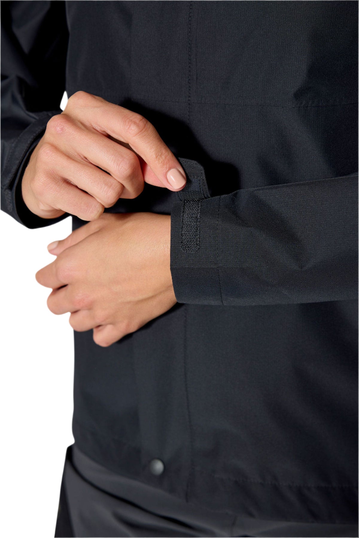 Rab Women's Downpour Waterproof Jacket in Black - cuff detail, worn