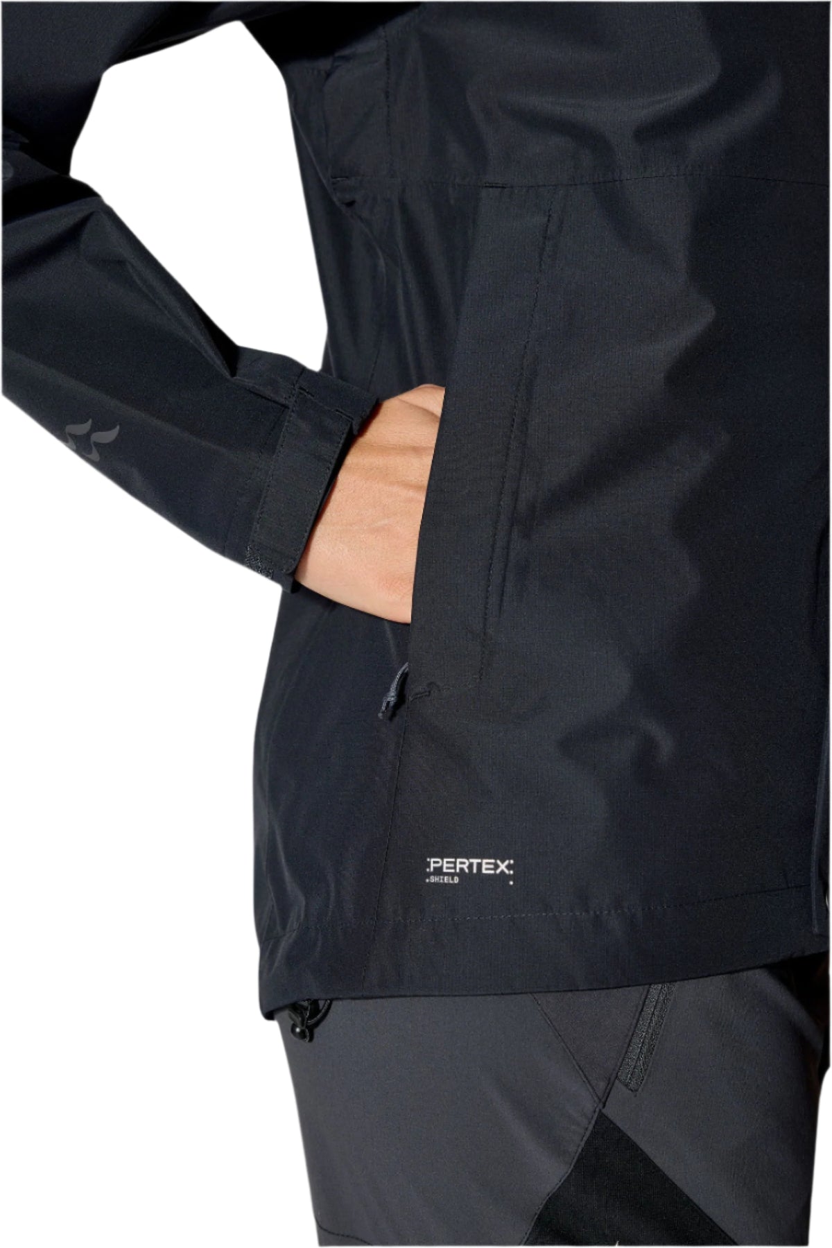 Rab Women's Downpour Waterproof Jacket in Black - hand pocket detail, worn