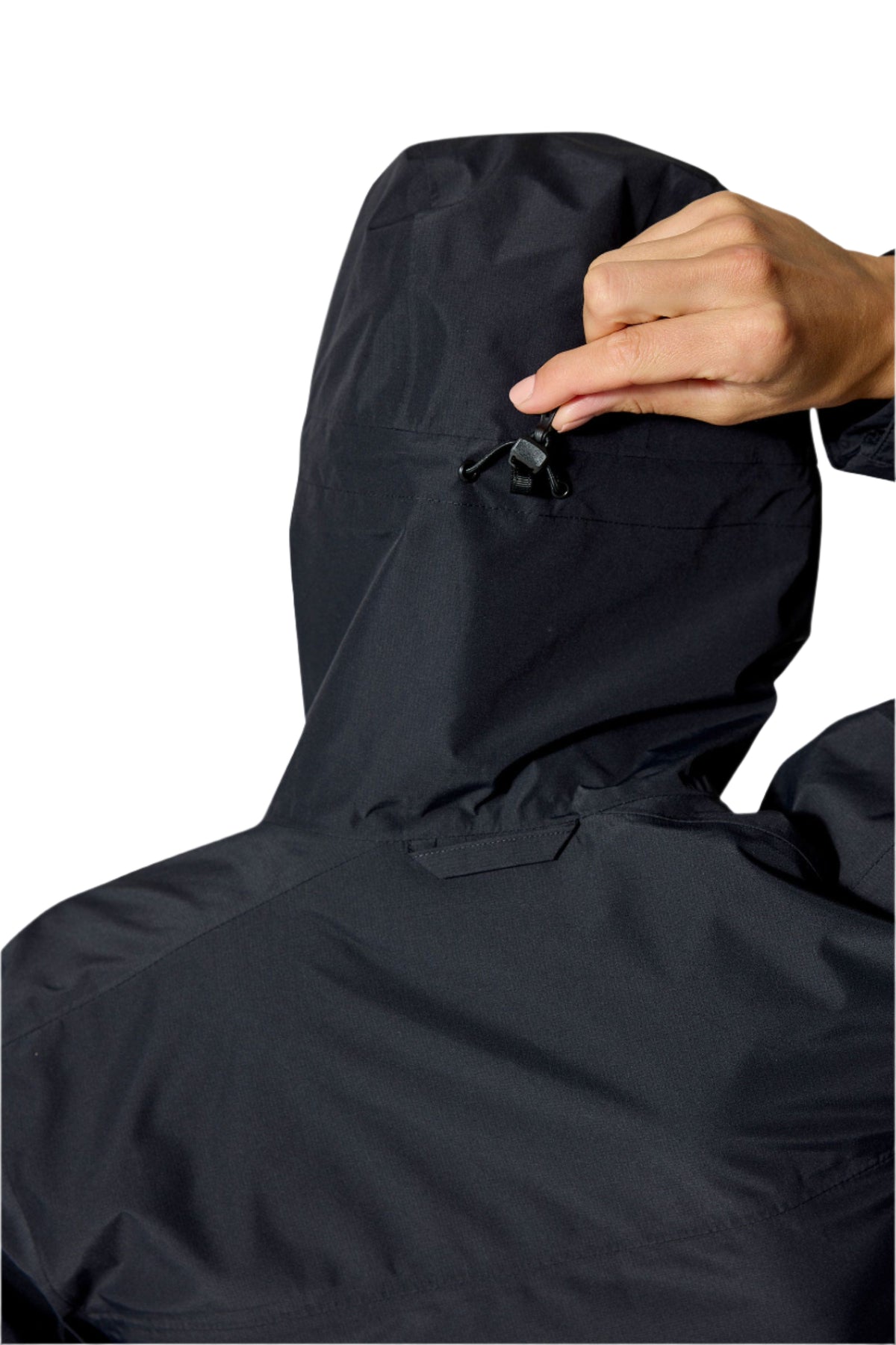Rab Women's Downpour Waterproof Jacket in Black - hood adjustment detail, worn