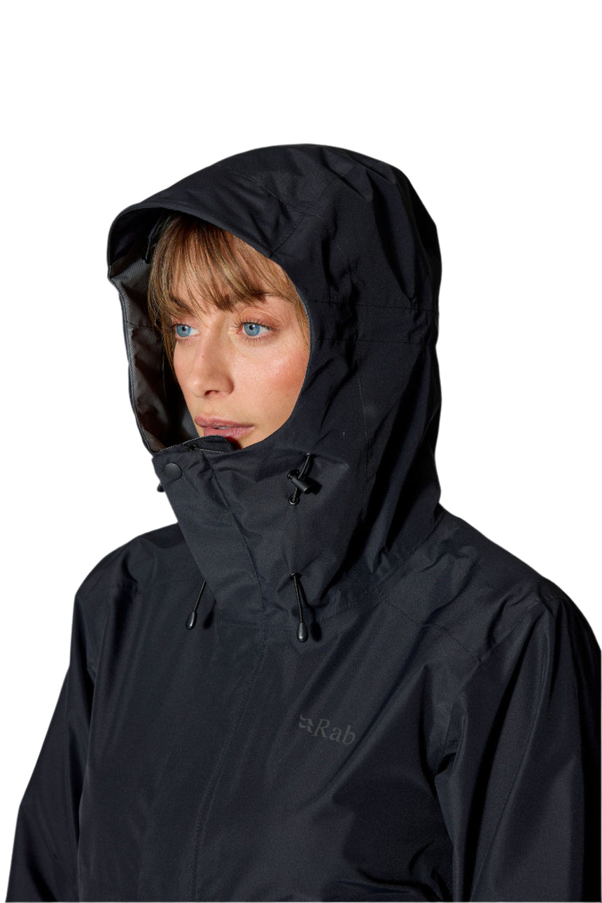 Rab Women's Downpour Waterproof Jacket in Black - hood detail, worn, close