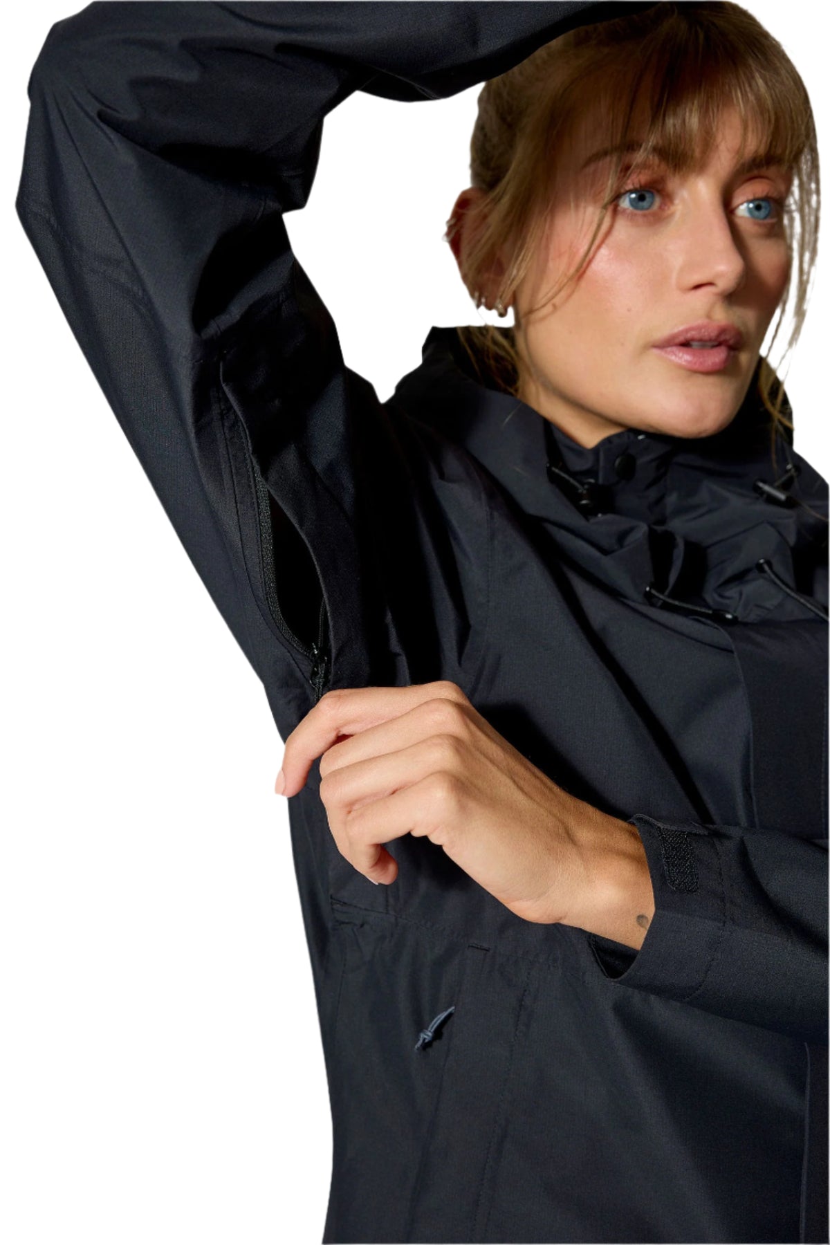 Rab Women's Downpour Waterproof Jacket in Black - underarm vent detail, worn