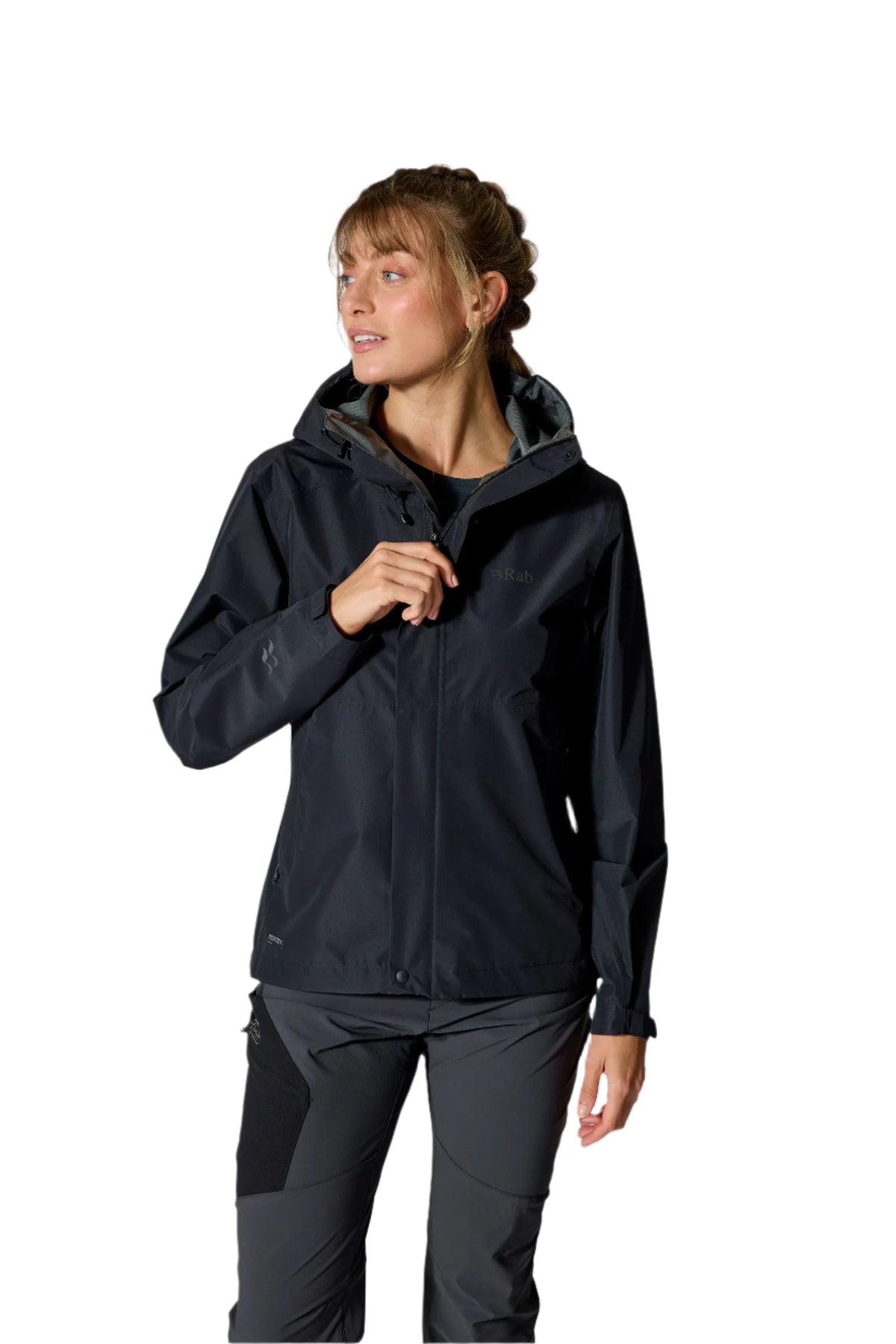 Rab Women's Downpour Waterproof Jacket in Black - worn, front