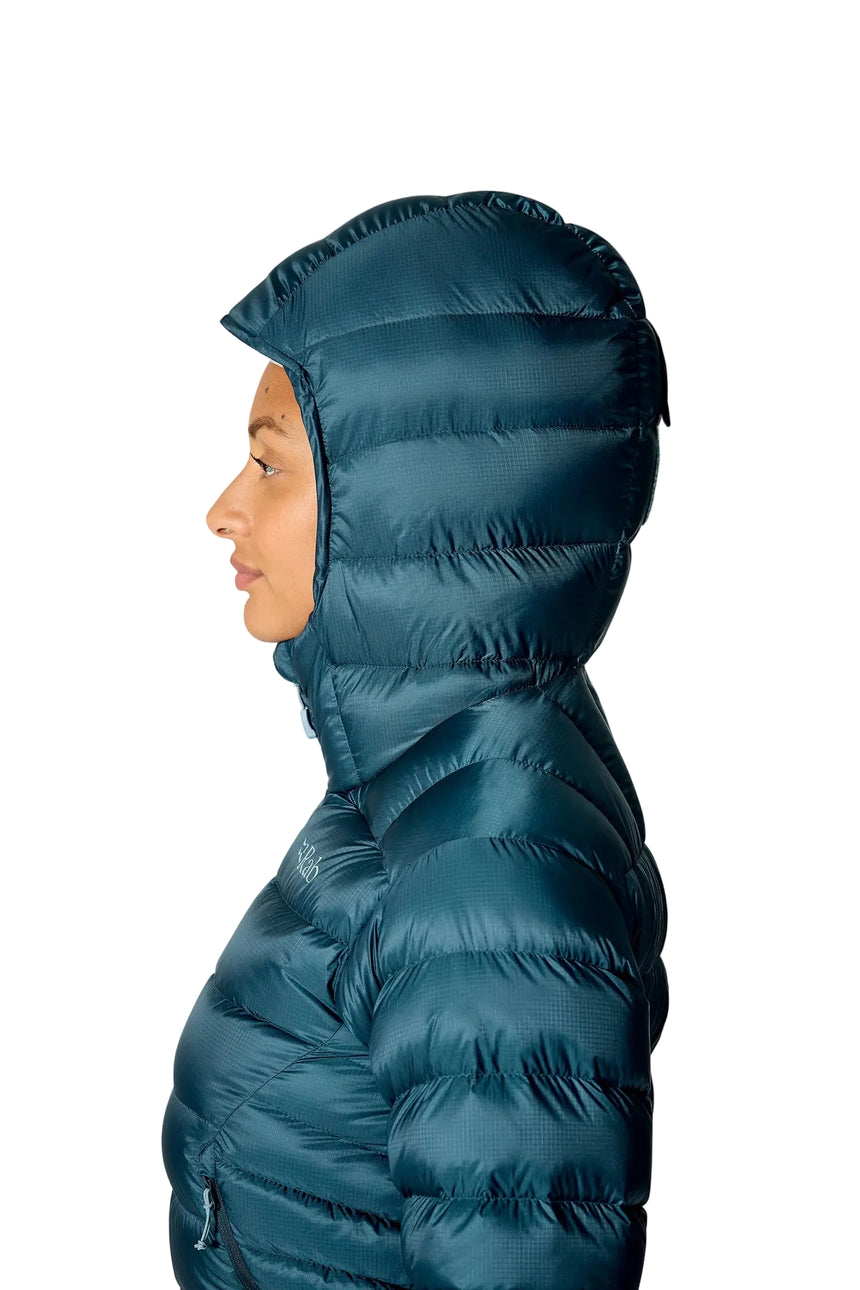 Rab Women's Electron Pro Down Jacket in Black - hood up, worn, side